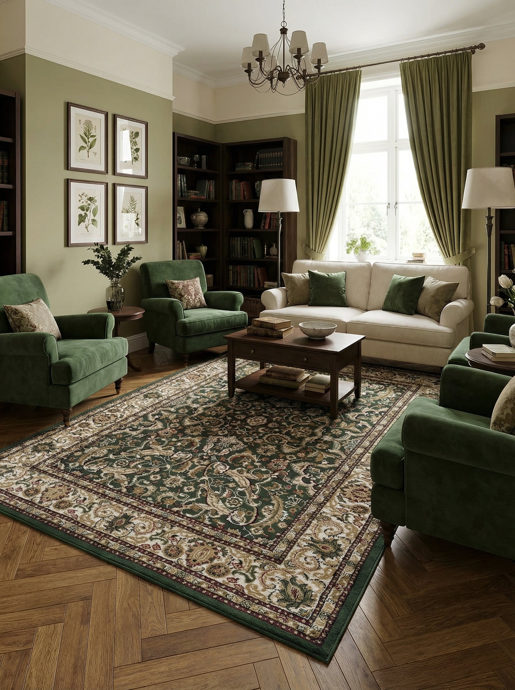 Tapis rectangulaire vert foncé à motifs floraux et cachemire complexes crème, bordeaux et doré, posé dans un salon classique