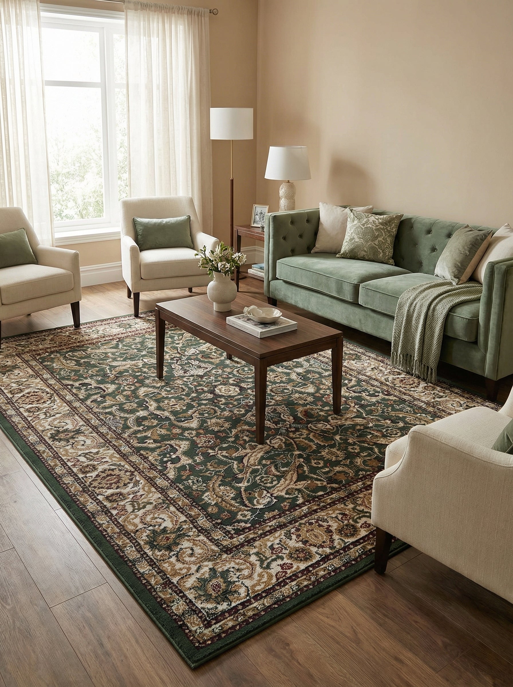 Grand tapis vert foncé aux motifs floraux et arabesques beiges, marrons et bordeaux, en tissu, dans un salon