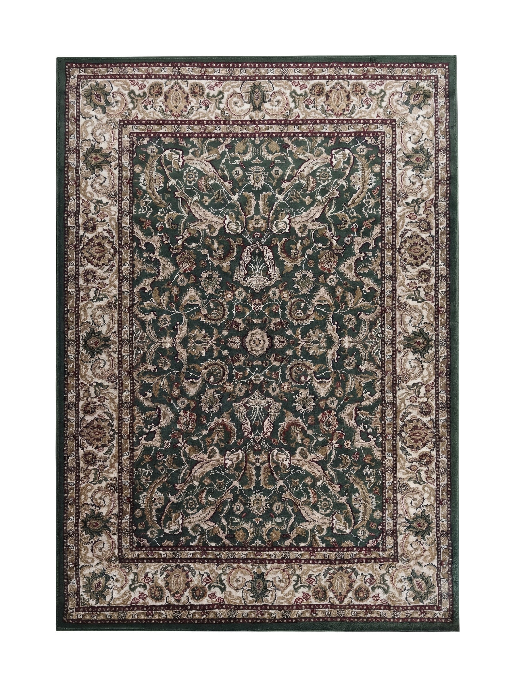 Tapis rectangulaire vert foncé orné de riches motifs floraux et ornementaux beiges, bruns et bordeaux