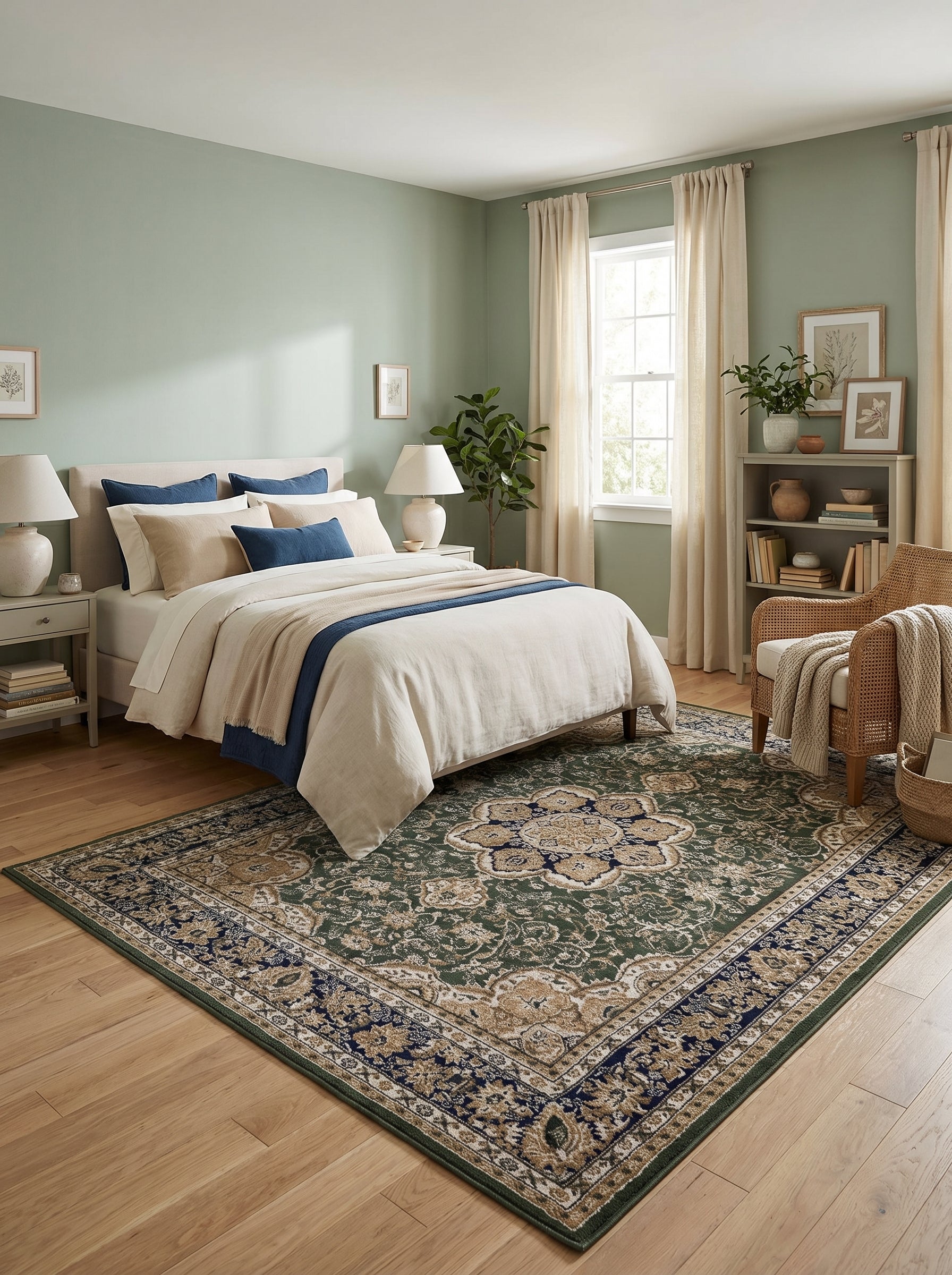 Tapis rectangulaire vert forêt aux motifs floraux détaillés et médaillon central beige et bleu marine, posé sur le parquet d'une chambre
