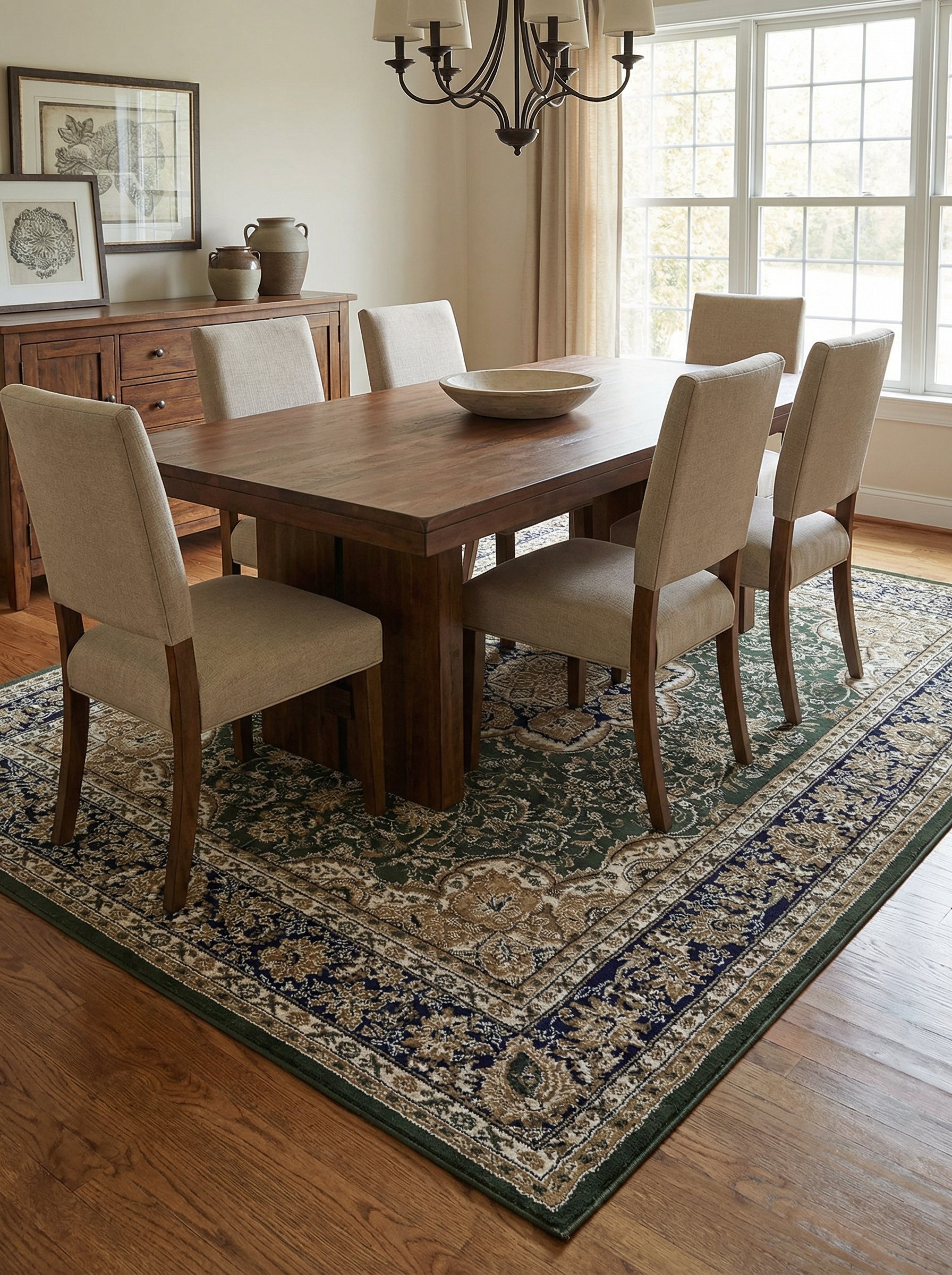 Tapis rectangulaire vert foncé, bleu nuit et crème avec motifs floraux classiques et une bordure complexe, dans une salle à manger
