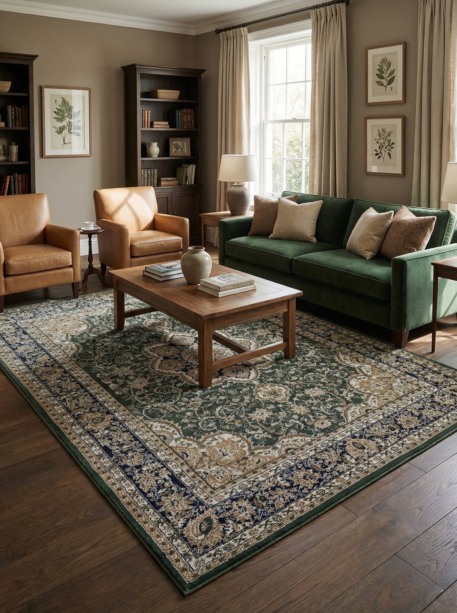 Tapis rectangulaire vert profond aux motifs floraux et arabesques beiges et bleu marine, dans un salon meublé