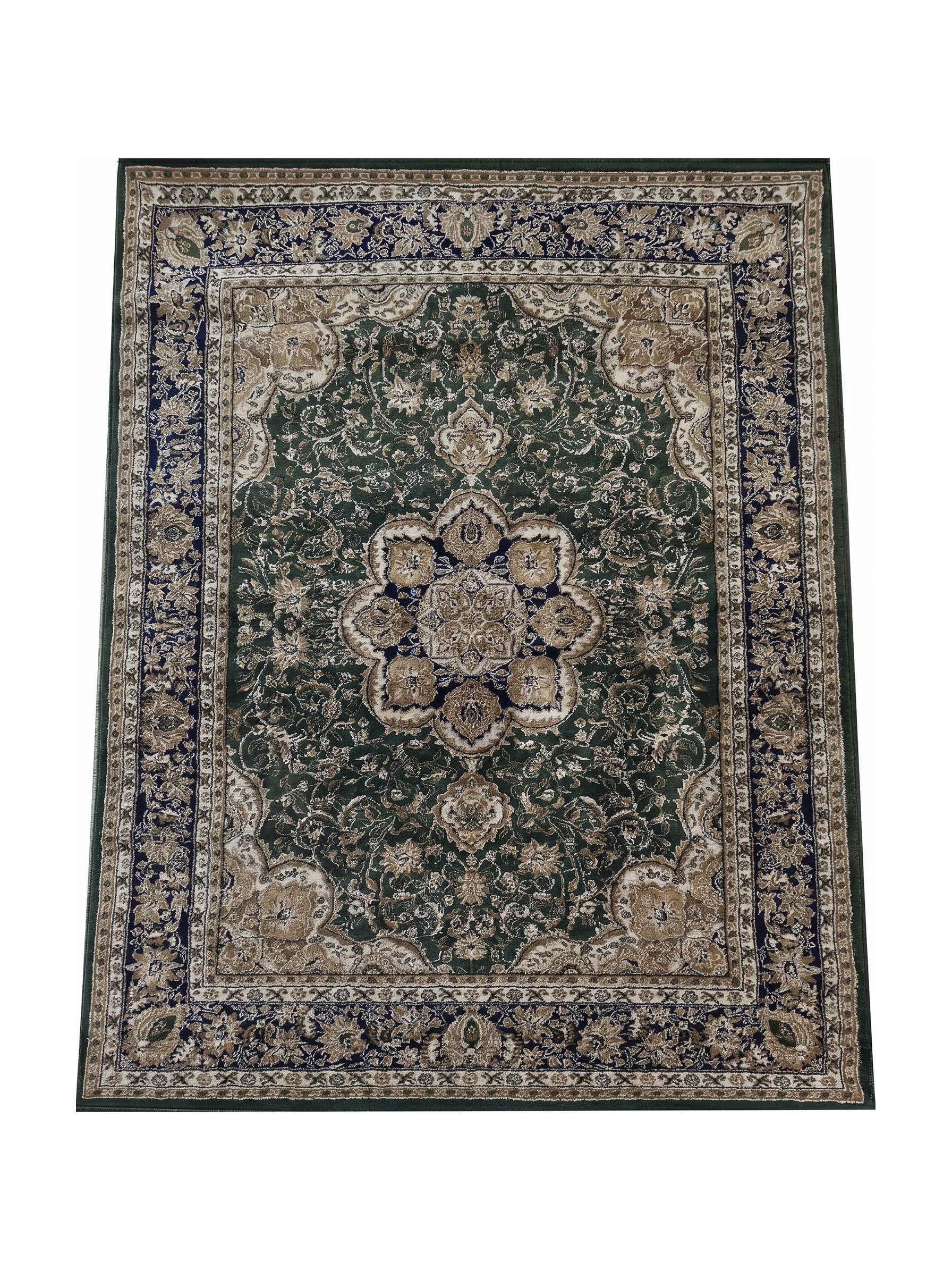 Tapis rectangulaire vert foncé aux motifs floraux et arabesques beiges, bleus et crème, avec un médaillon central et une bordure ornée