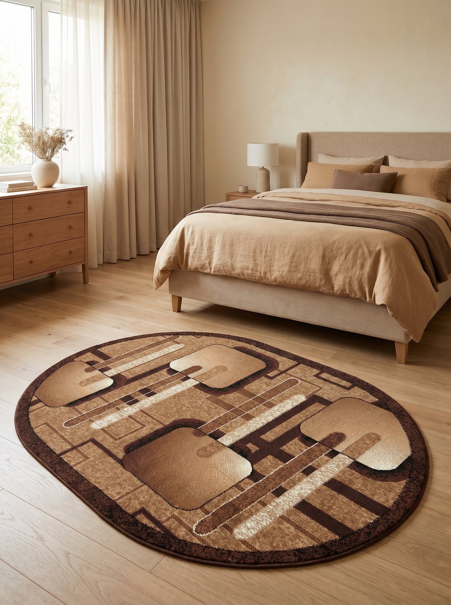 Tapis ovale aux motifs géométriques abstraits marron clair, foncé et beige, posé sur un parquet clair dans une chambre
