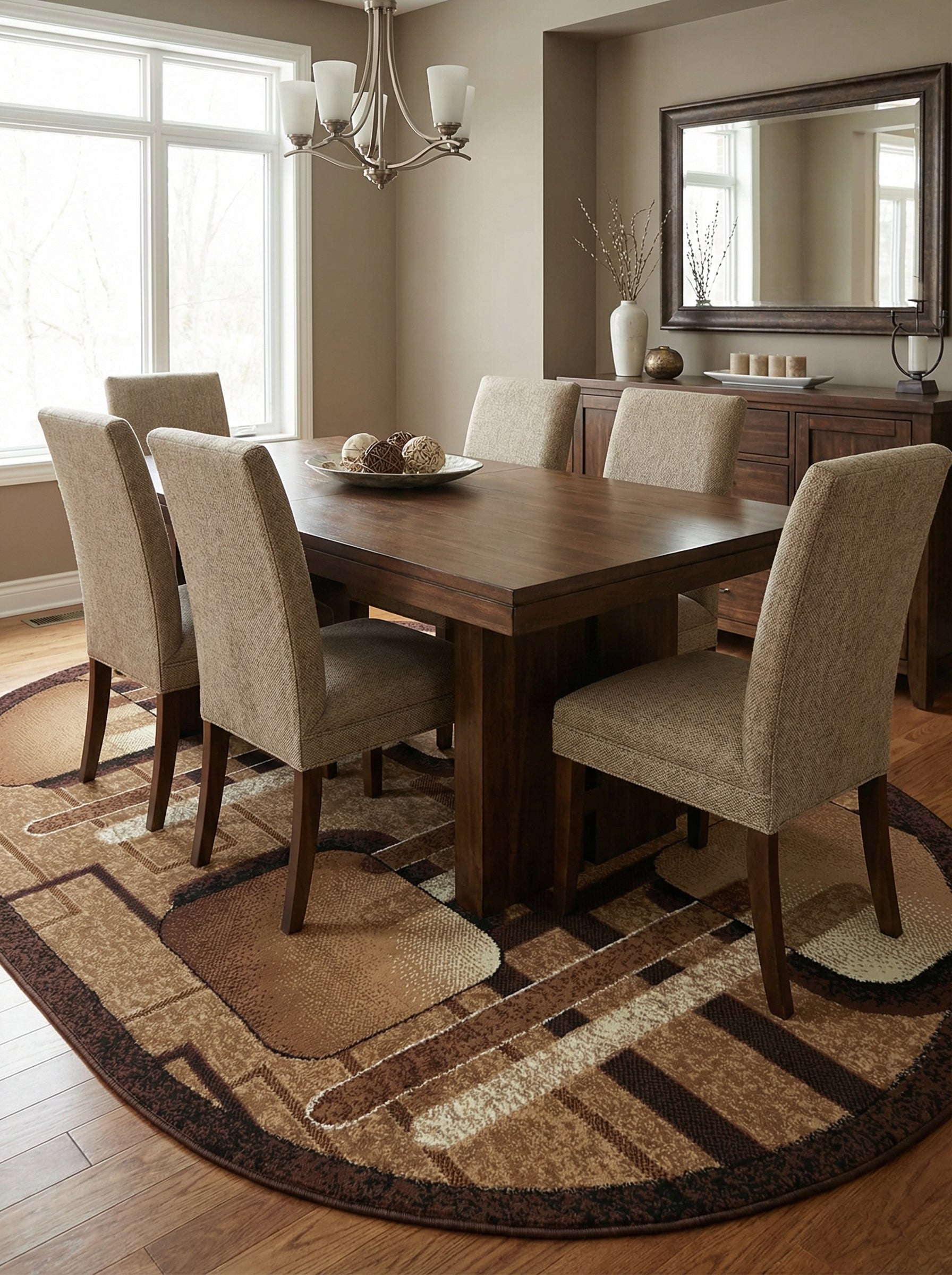Tapis ovale en fibres aux motifs géométriques abstraits marron, beige et crème, dans une salle à manger