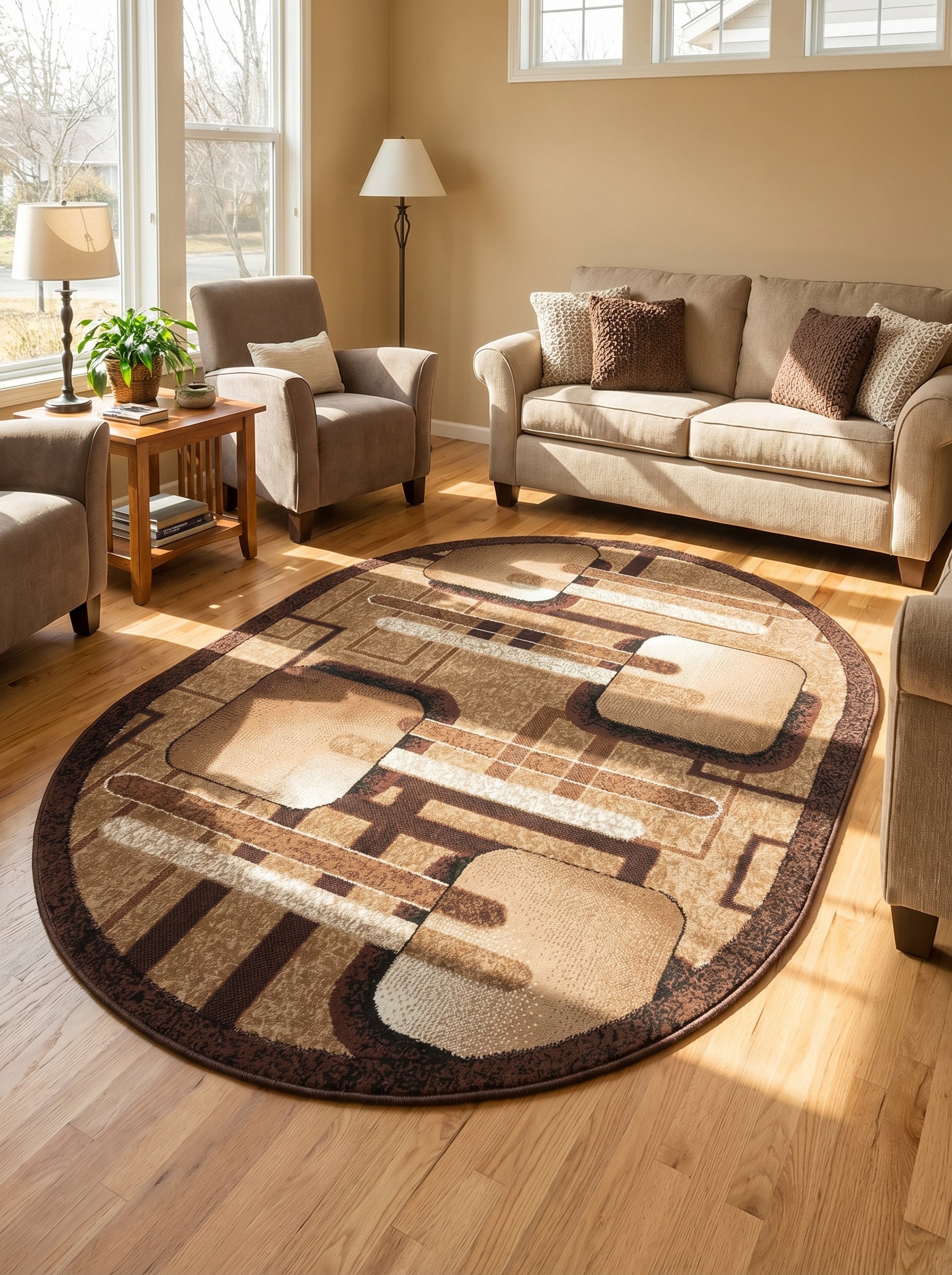 Tapis ovale en tissu aux motifs géométriques abstraits marron, beige et crème posé sur parquet dans un salon lumineux