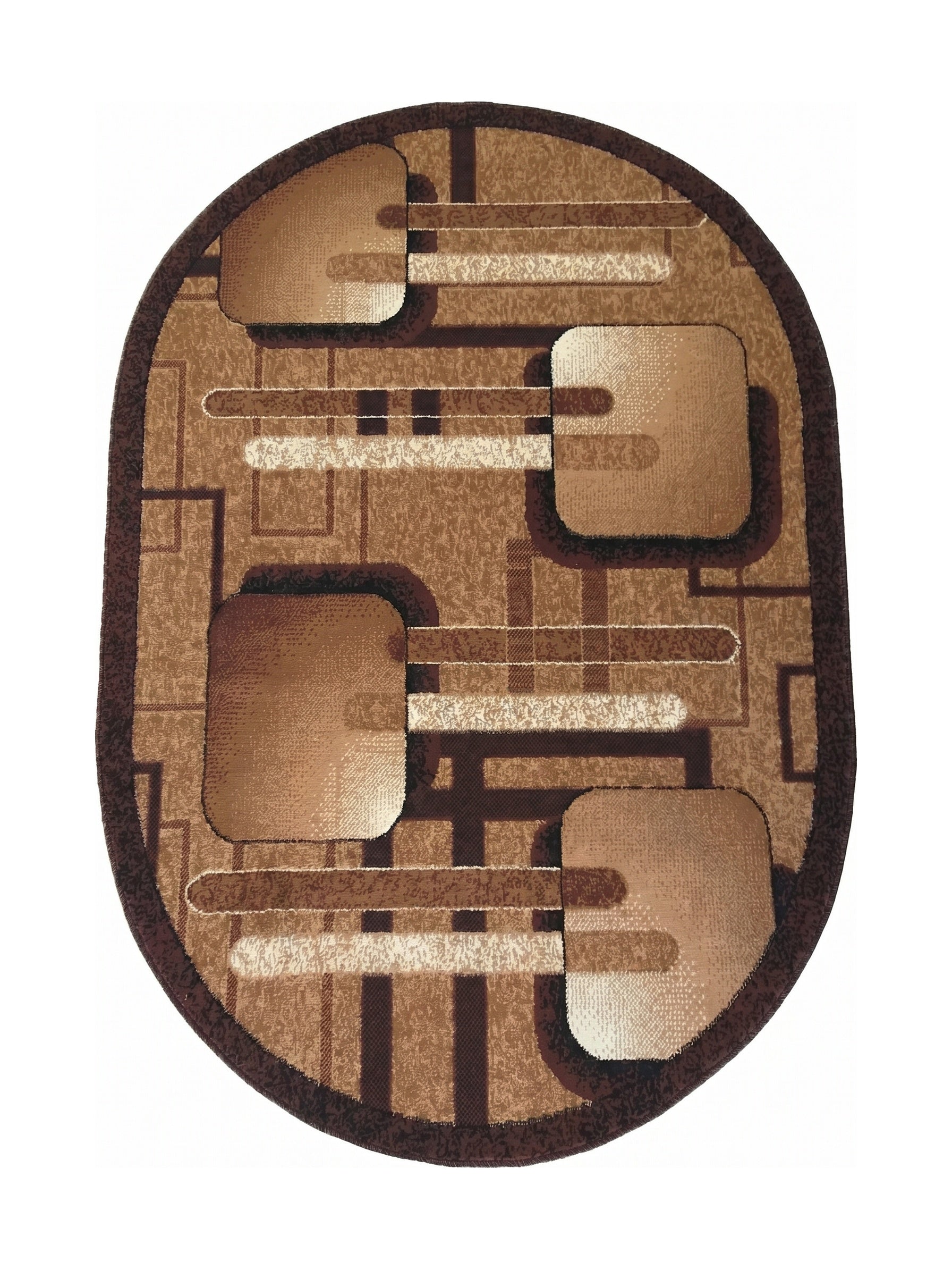 Tapis ovale aux motifs géométriques abstraits dans des tons de marron clair, moyen et foncé avec une bordure unie