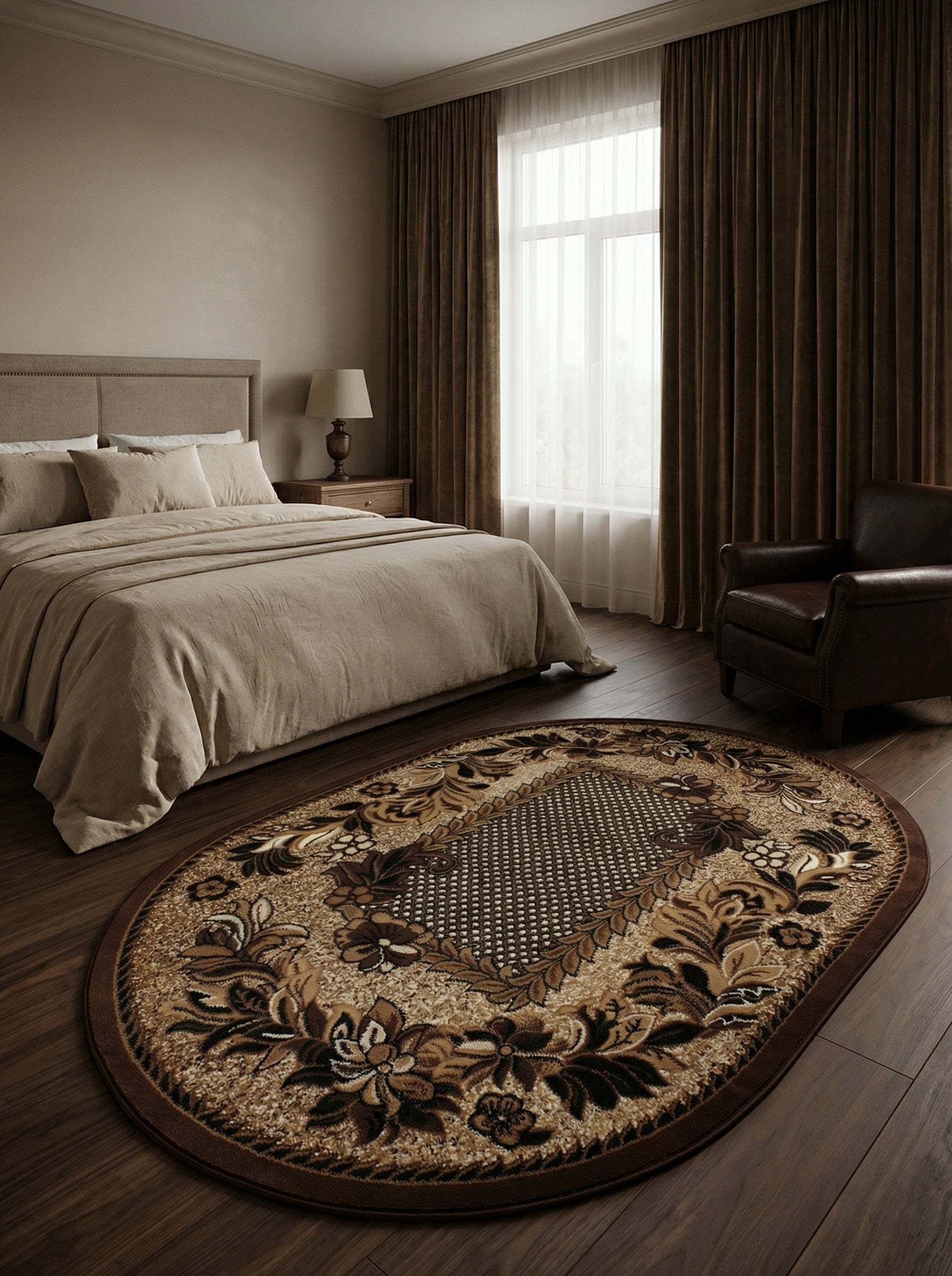 Tapis ovale beige et brun avec médaillon central géométrique et bordure florale luxuriante, posé sur parquet dans une chambre cosy