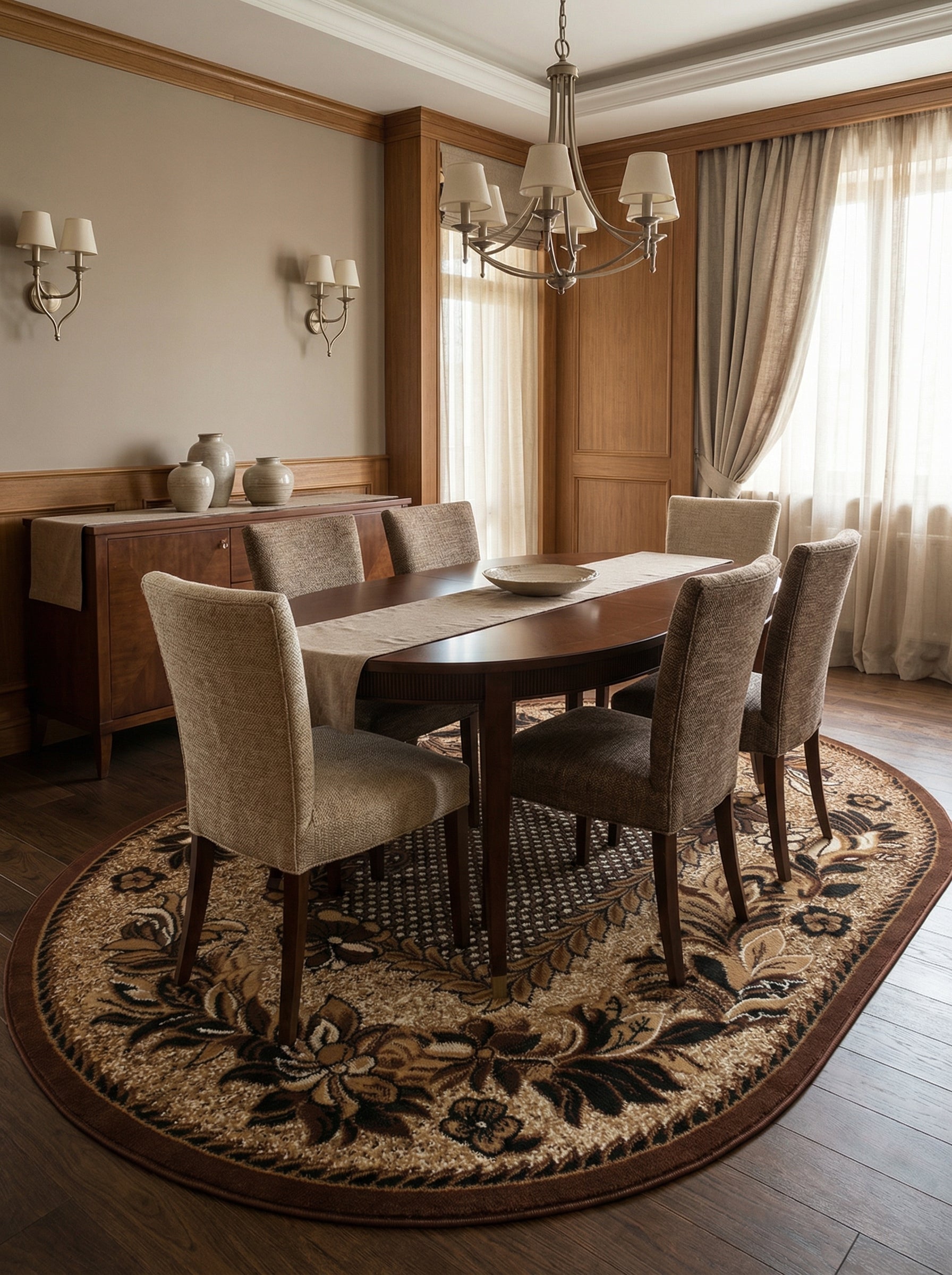 Tapis ovale beige à motifs floraux marron et noirs, avec une bordure foncée, au sol d'une salle à manger élégante