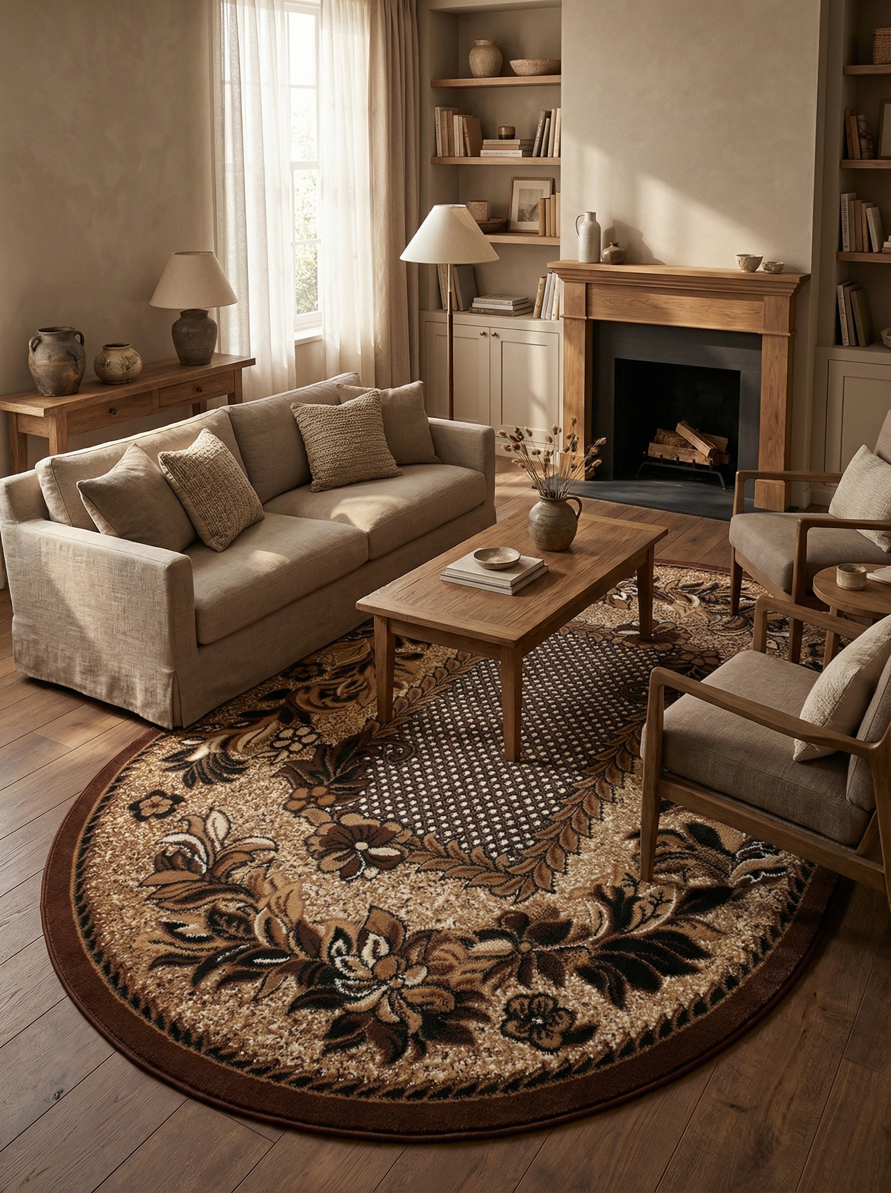 Tapis ovale crème et marron aux motifs floraux classiques et à un centre quadrillé, disposé sur le parquet d'un salon chaleureux