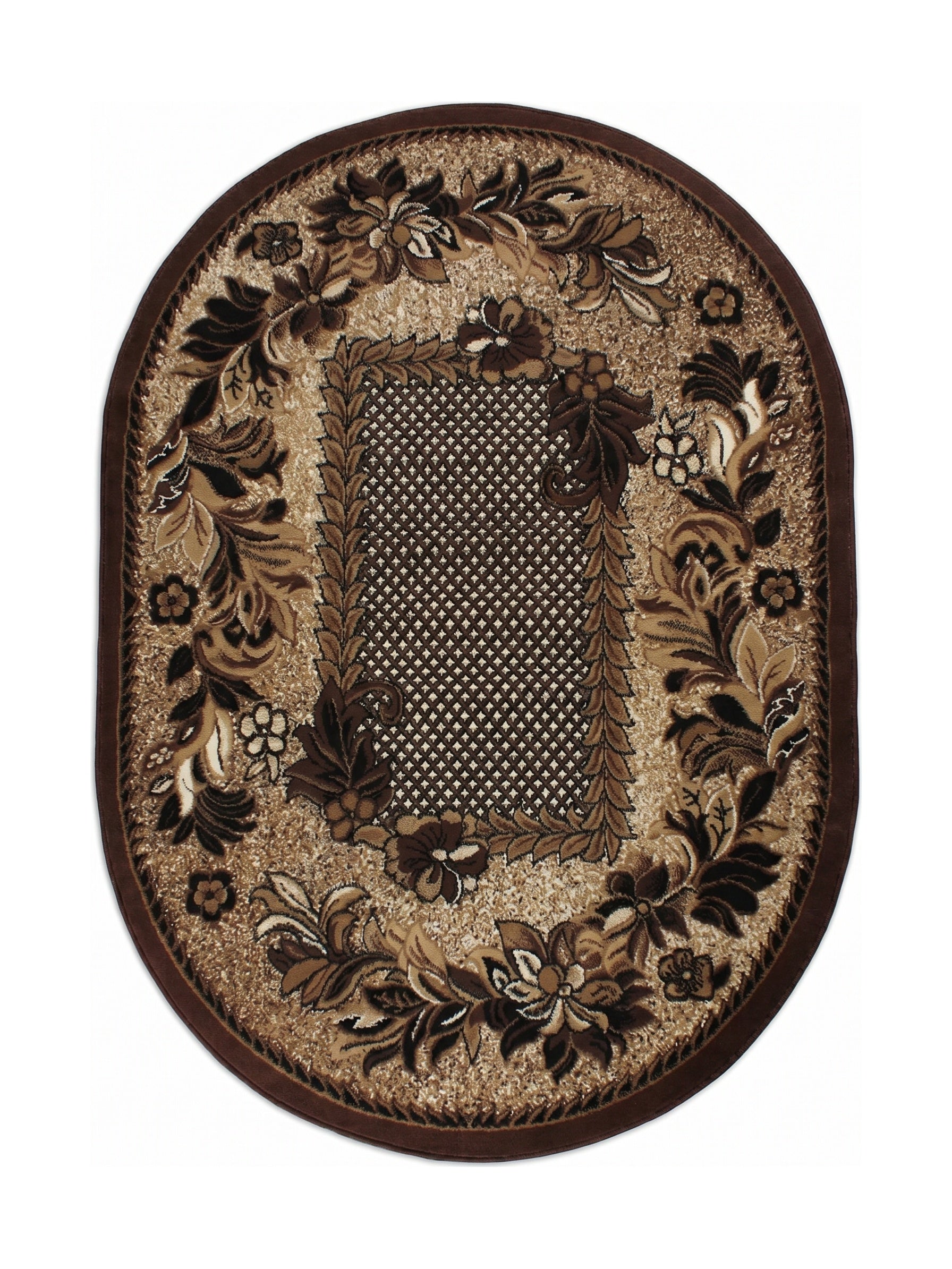Tapis ovale aux tons marron et beige, à l'aspect texturé, avec de riches motifs floraux et un centre à petits points encadré
