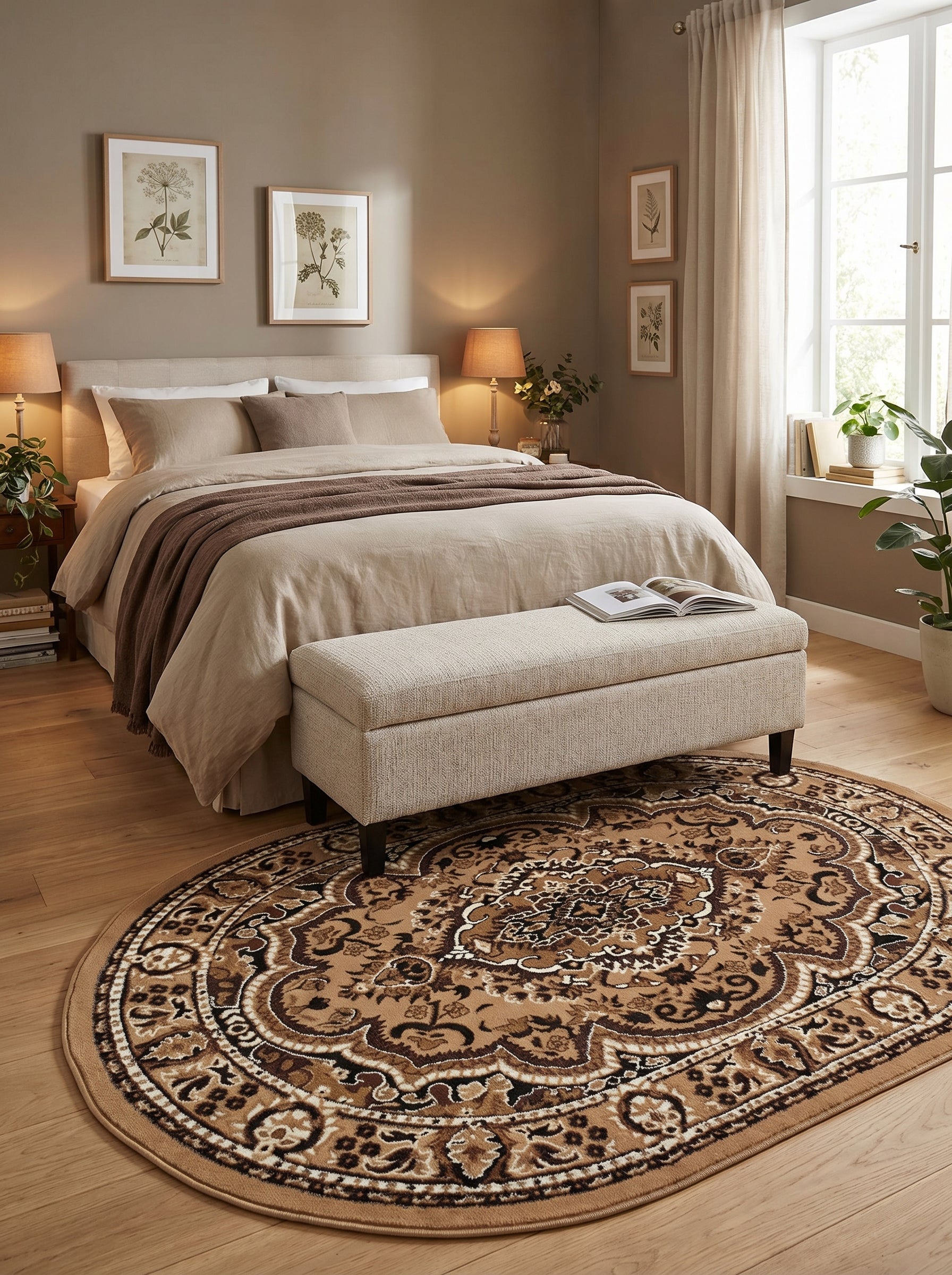 Tapis ovale beige à motifs floraux et arabesques marron foncé et crème, posé sur un plancher en bois clair dans une chambre