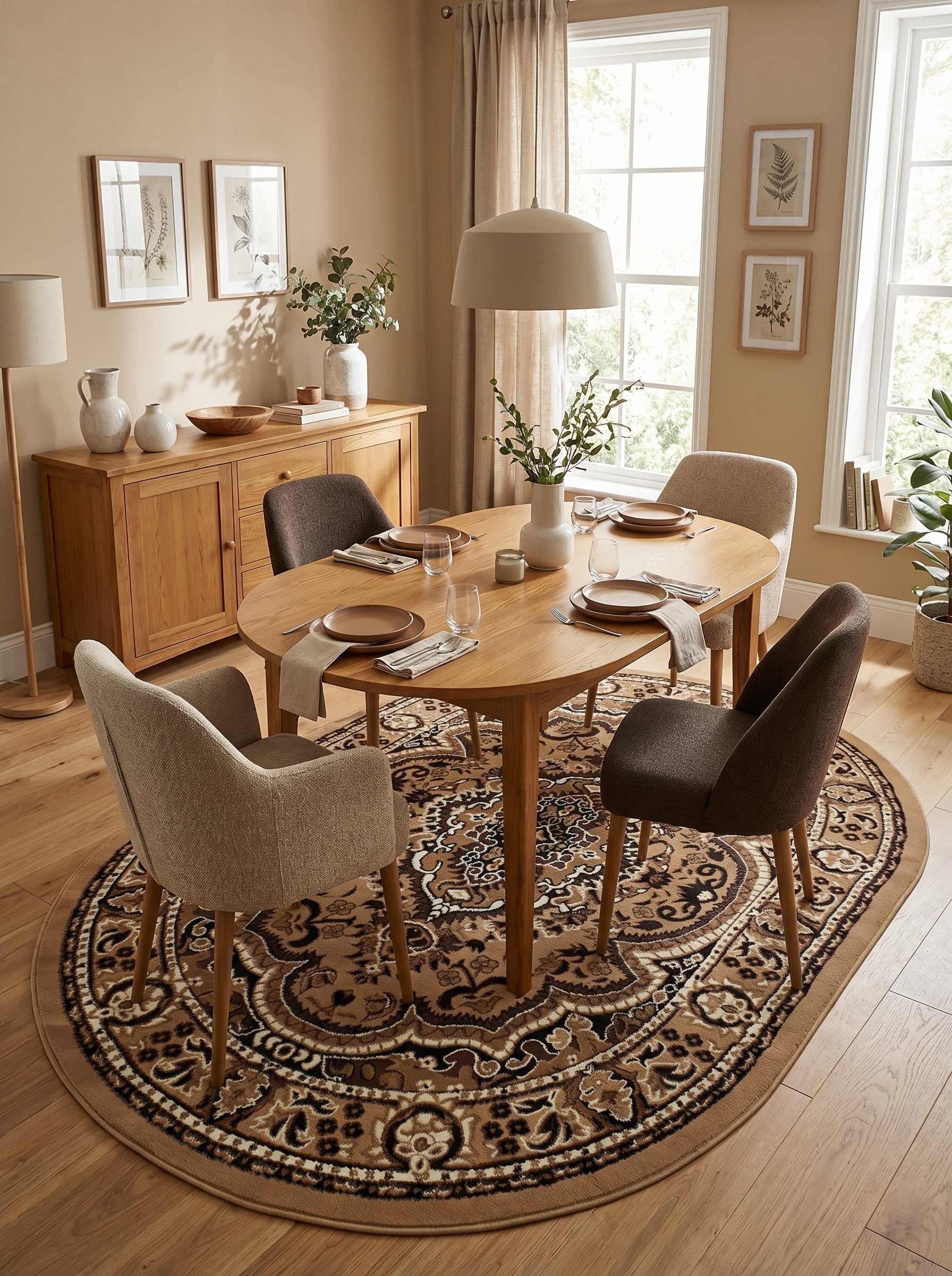 Tapis ovale beige et marron aux motifs classiques de médaillon et volutes florales, posé dans une salle à manger
