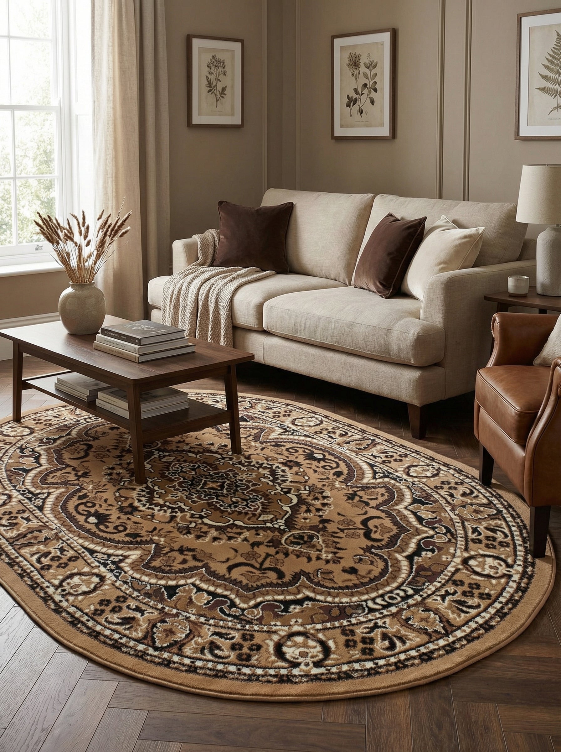 Tapis ovale aux motifs orientaux complexes en marron, beige et noir, posé sur un parquet dans un salon chaleureux
