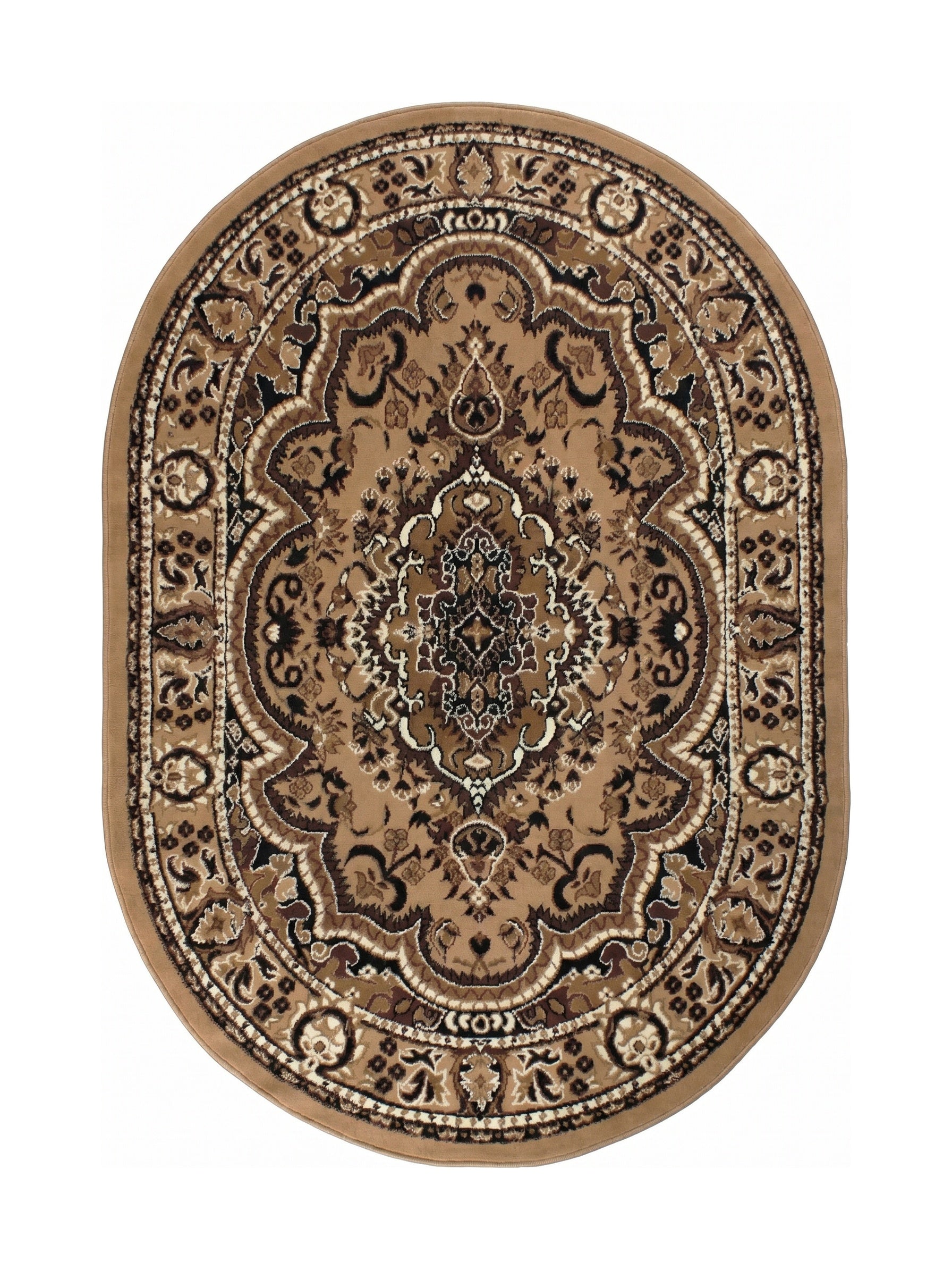 Un tapis ovale beige et marron clair avec un motif floral et médaillon traditionnel, rehaussé de crème
