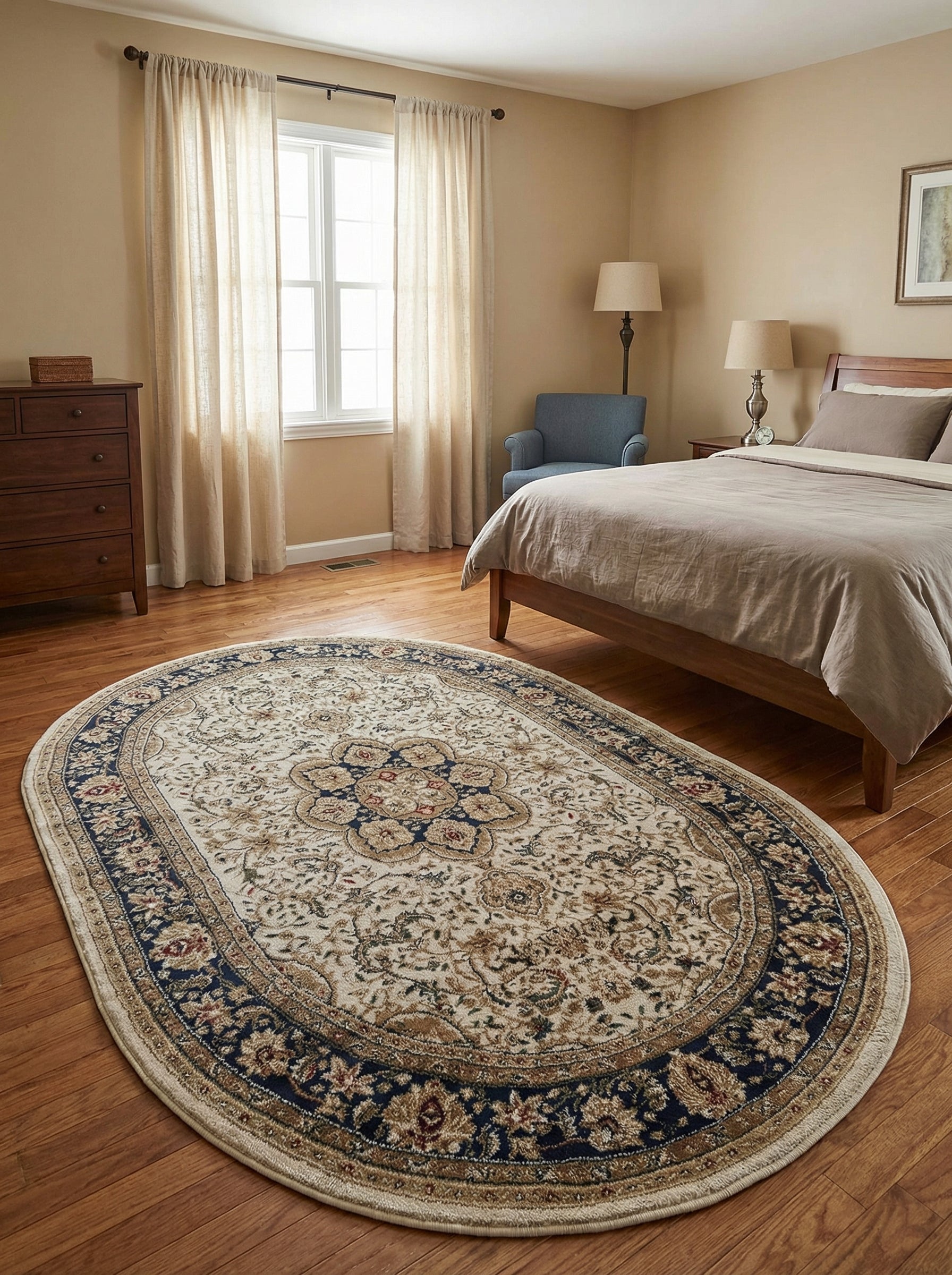 Tapis ovale crème aux motifs floraux classiques bleu marine et ocre, posé dans une chambre au sol parqueté