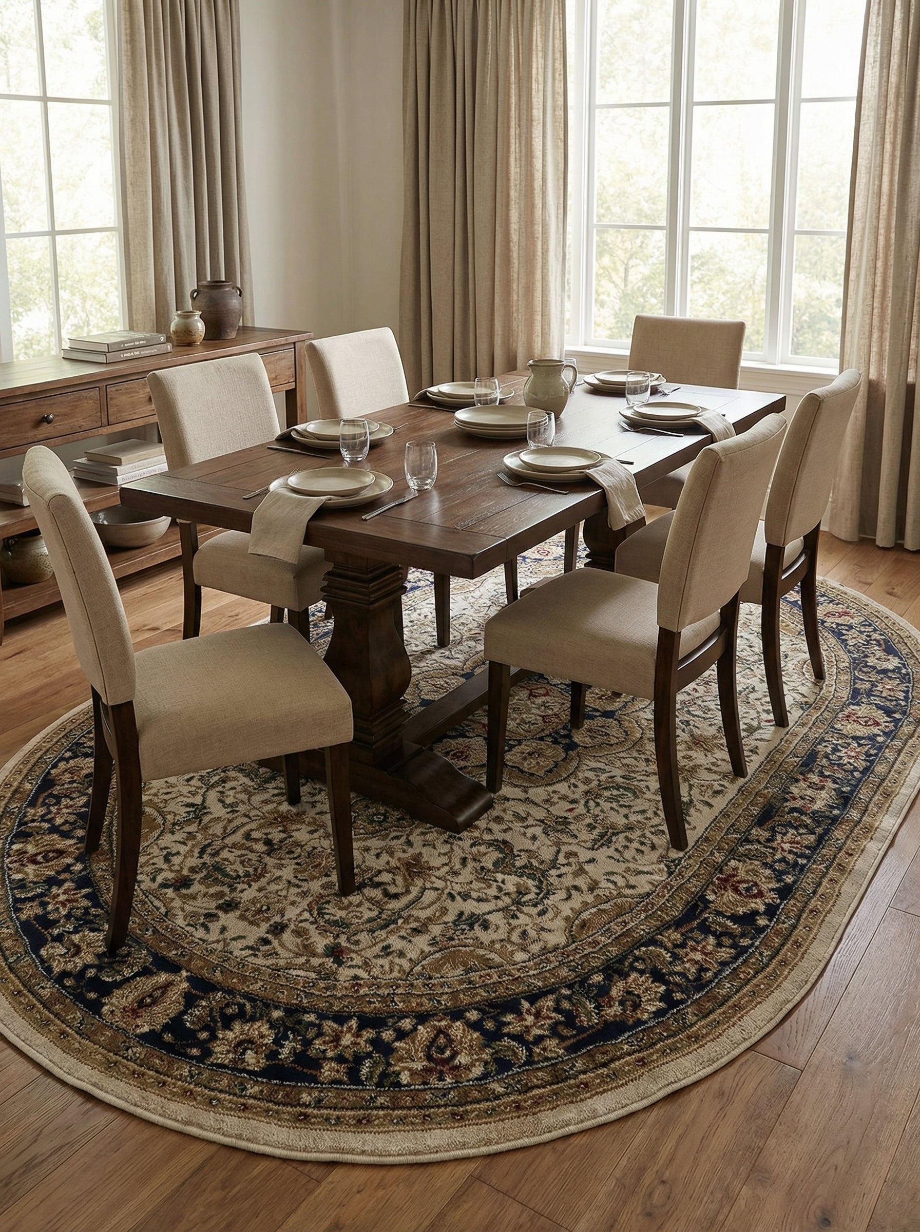 Tapis ovale beige à motifs floraux et arabesques bleu foncé et or, avec un bord richement décoré, posé sous une table de salle à manger
