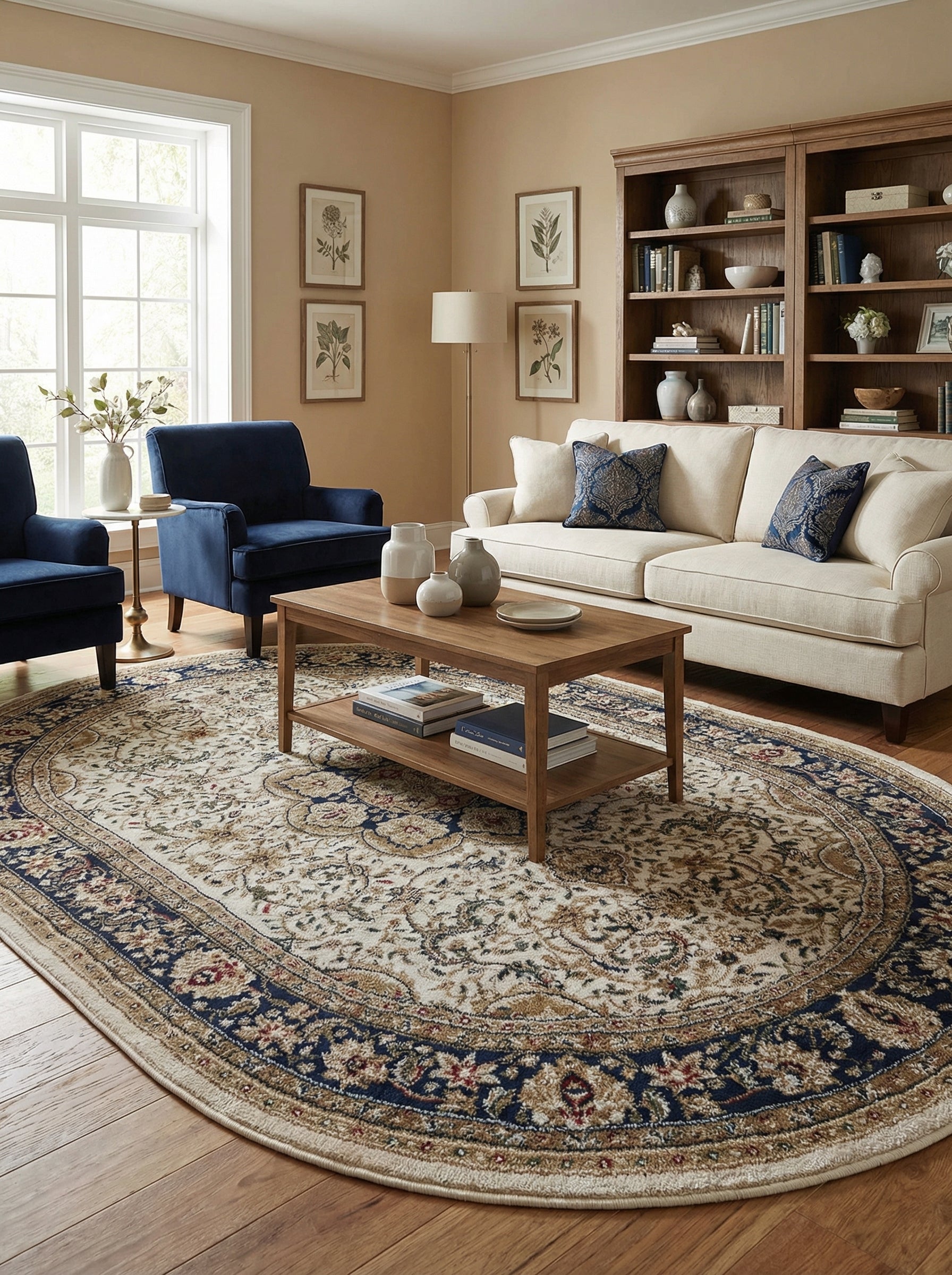 Tapis ovale crème et bleu marine à motifs floraux et arabesques traditionnels sur un plancher en bois dans un salon décoré
