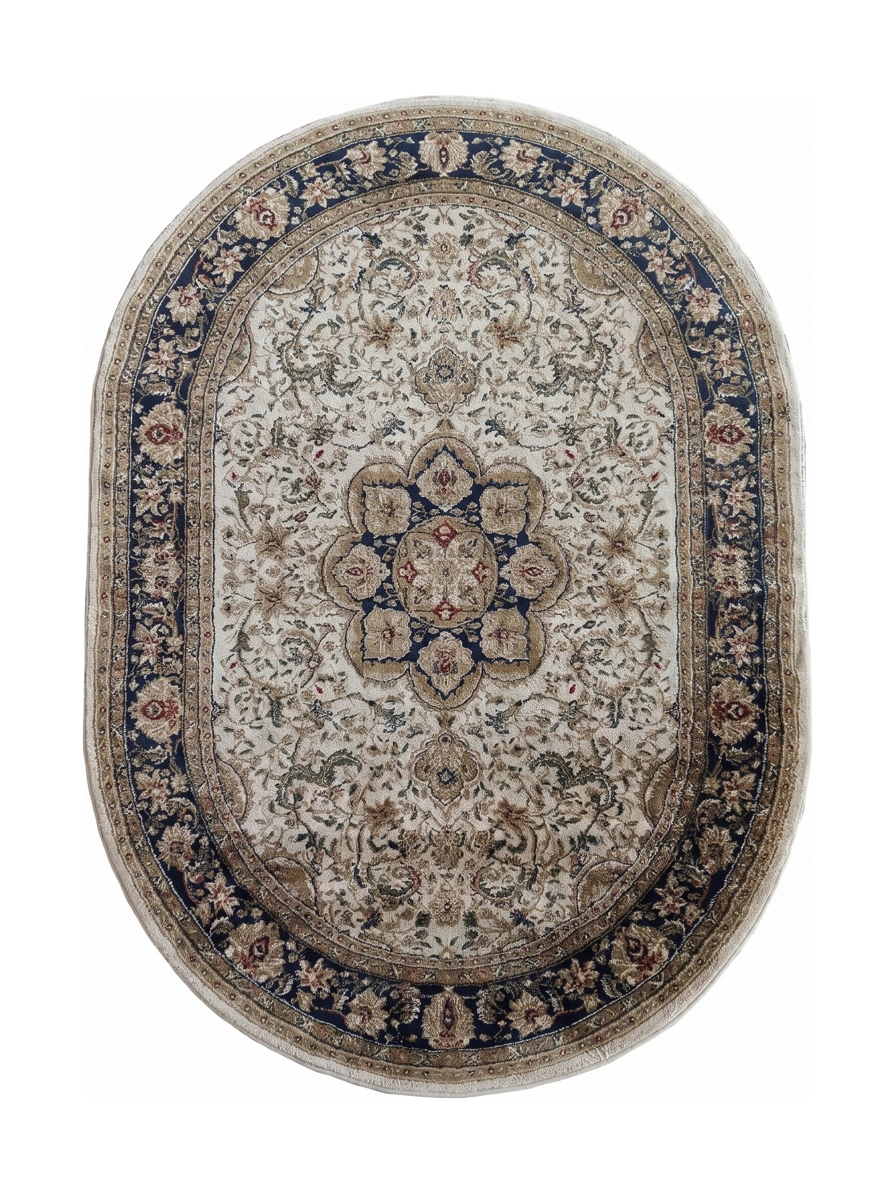 Tapis ovale crème avec un grand médaillon central bleu marine et or, entouré de motifs floraux traditionnels aux tons beige et rouge