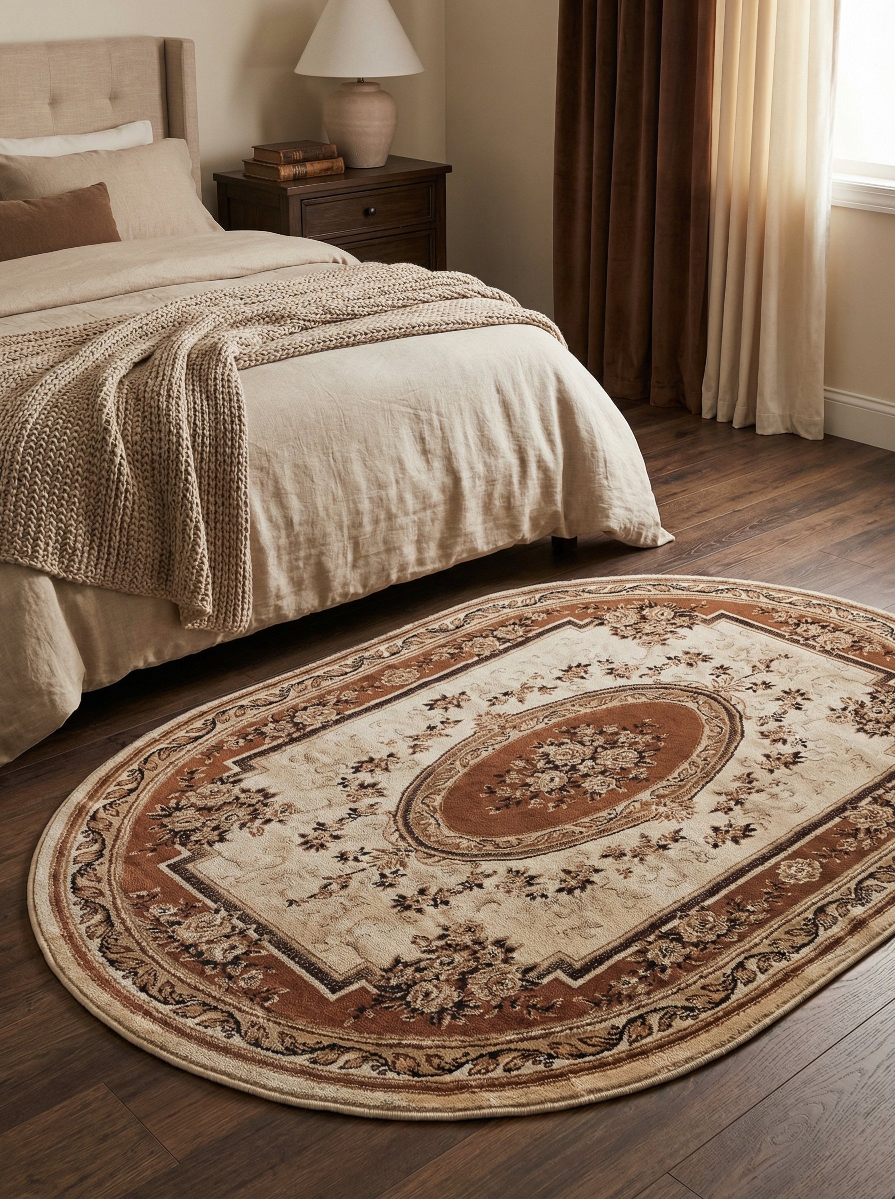 Tapis ovale à motifs floraux classiques en crème et diverses nuances de marron, sur un parquet de chambre