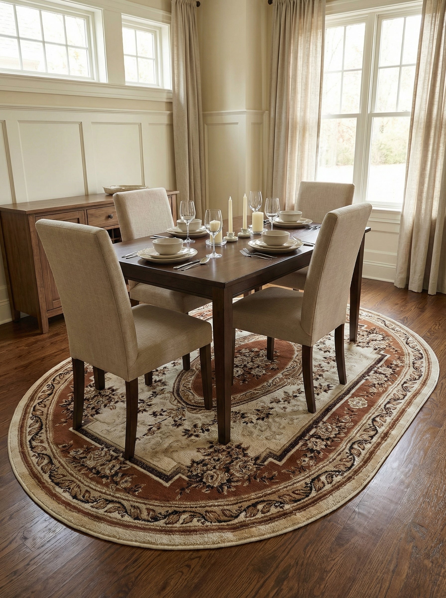 Tapis ovale à fond crème avec de riches motifs floraux marron et une bordure rustique. Il est sous la table d'une salle à manger