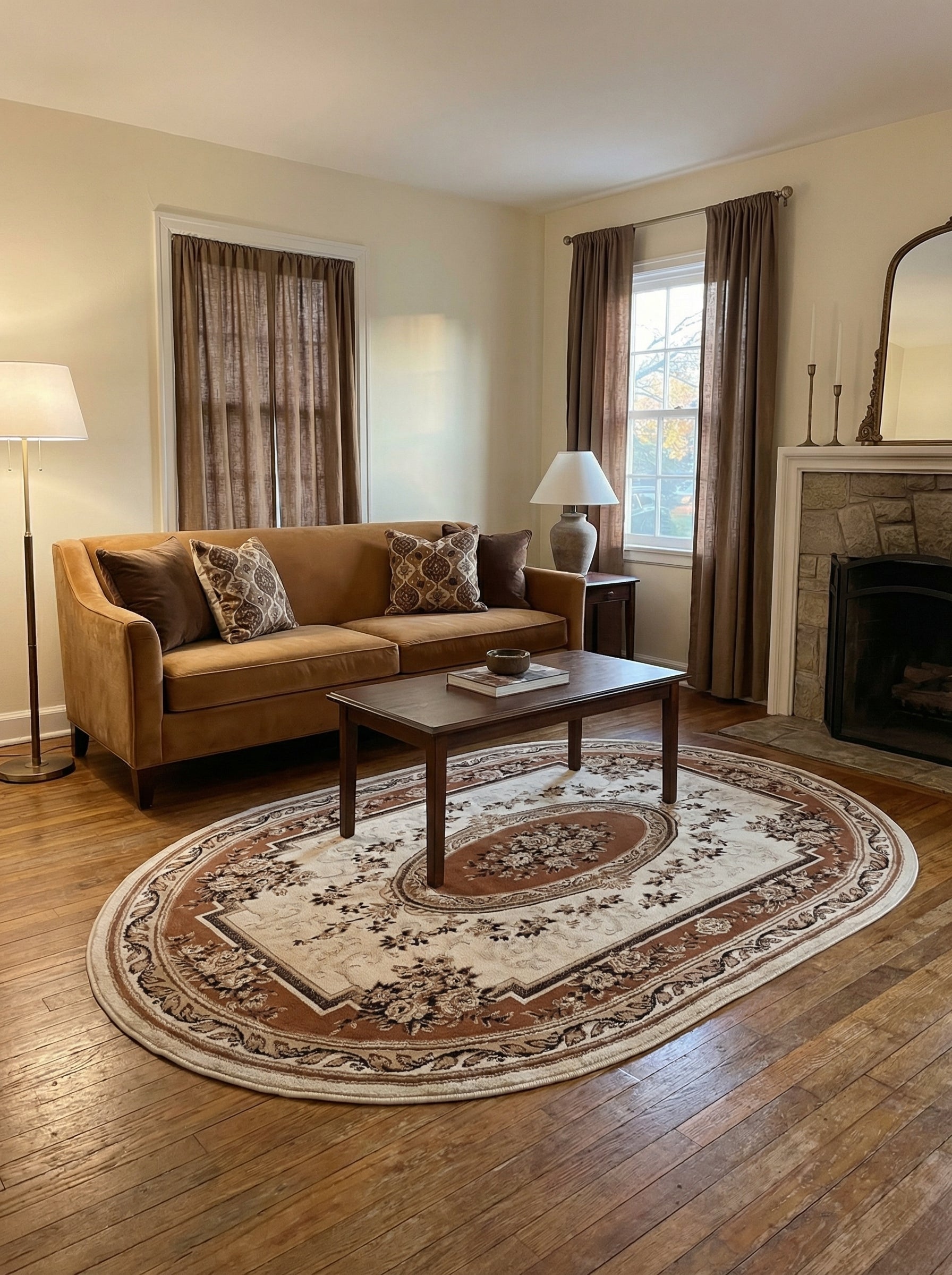 Tapis ovale crème et marron avec un médaillon floral central et des motifs de roses dispersés, posé sur un parquet dans un salon