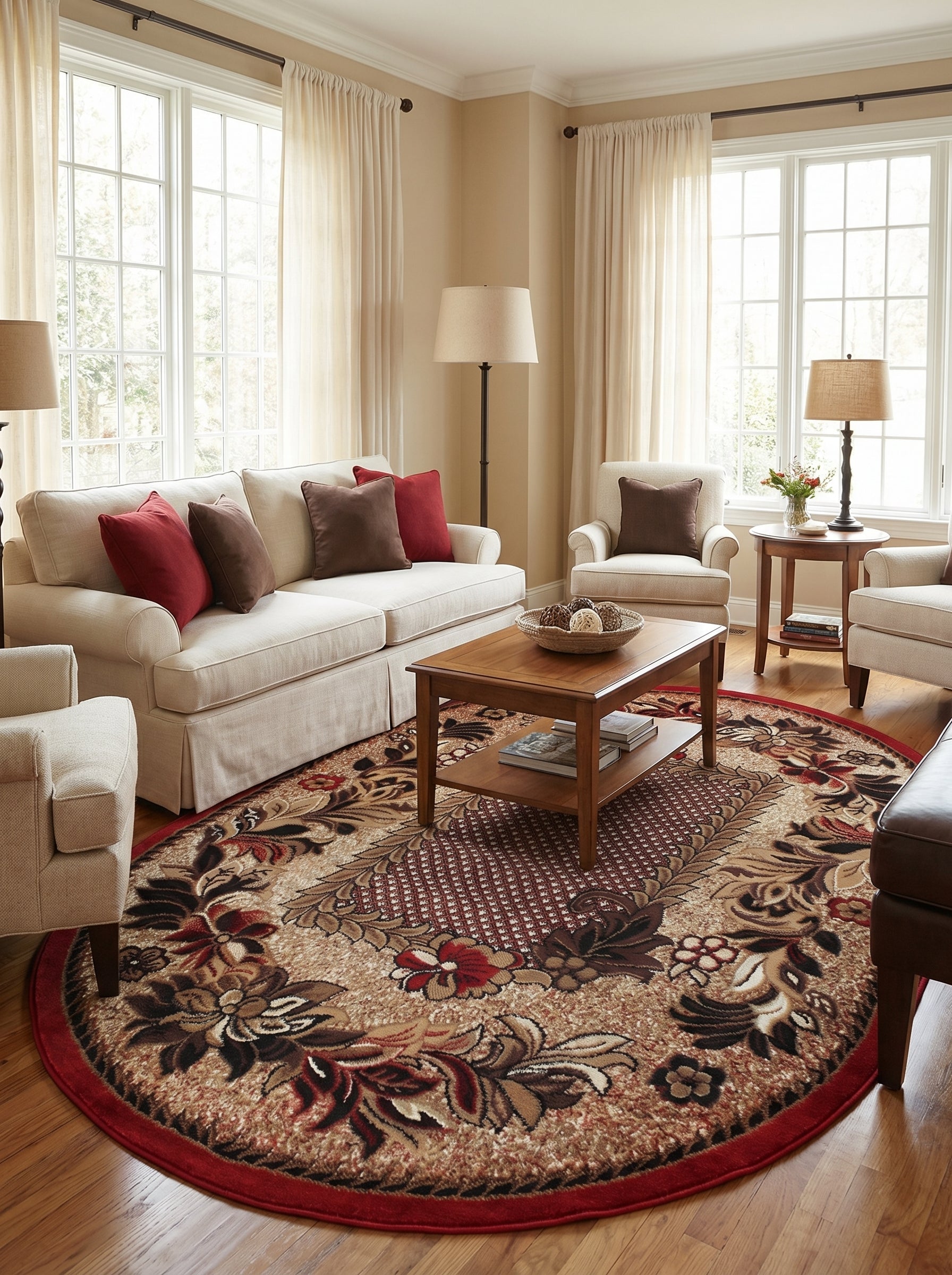 Tapis rond beige, brun et rouge, orné de motifs floraux classiques et d'un centre géométrique, dans un salon