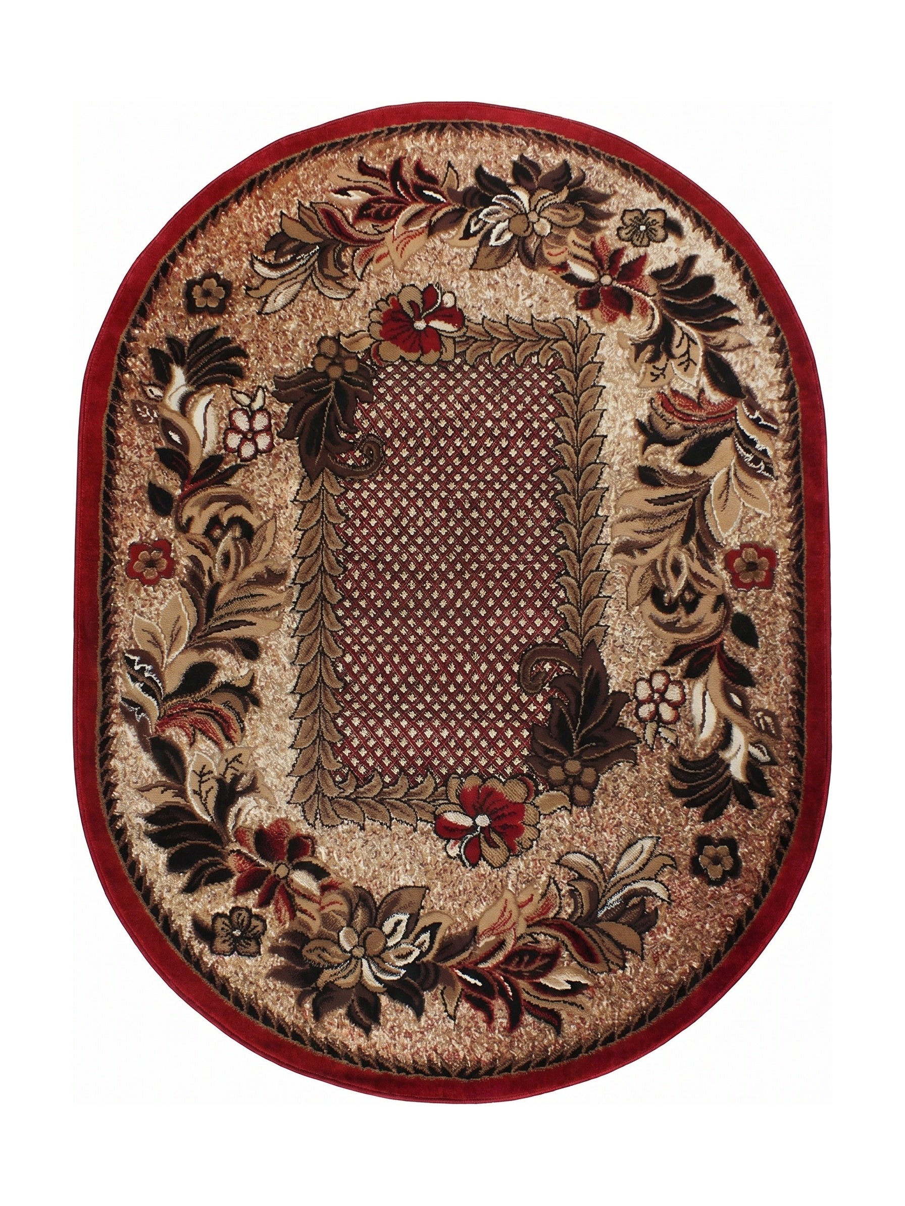 Tapis ovale à bordure rouge avec des motifs floraux et végétaux marron et beige sur un fond crème moucheté et un centre quadrillé rouge foncé