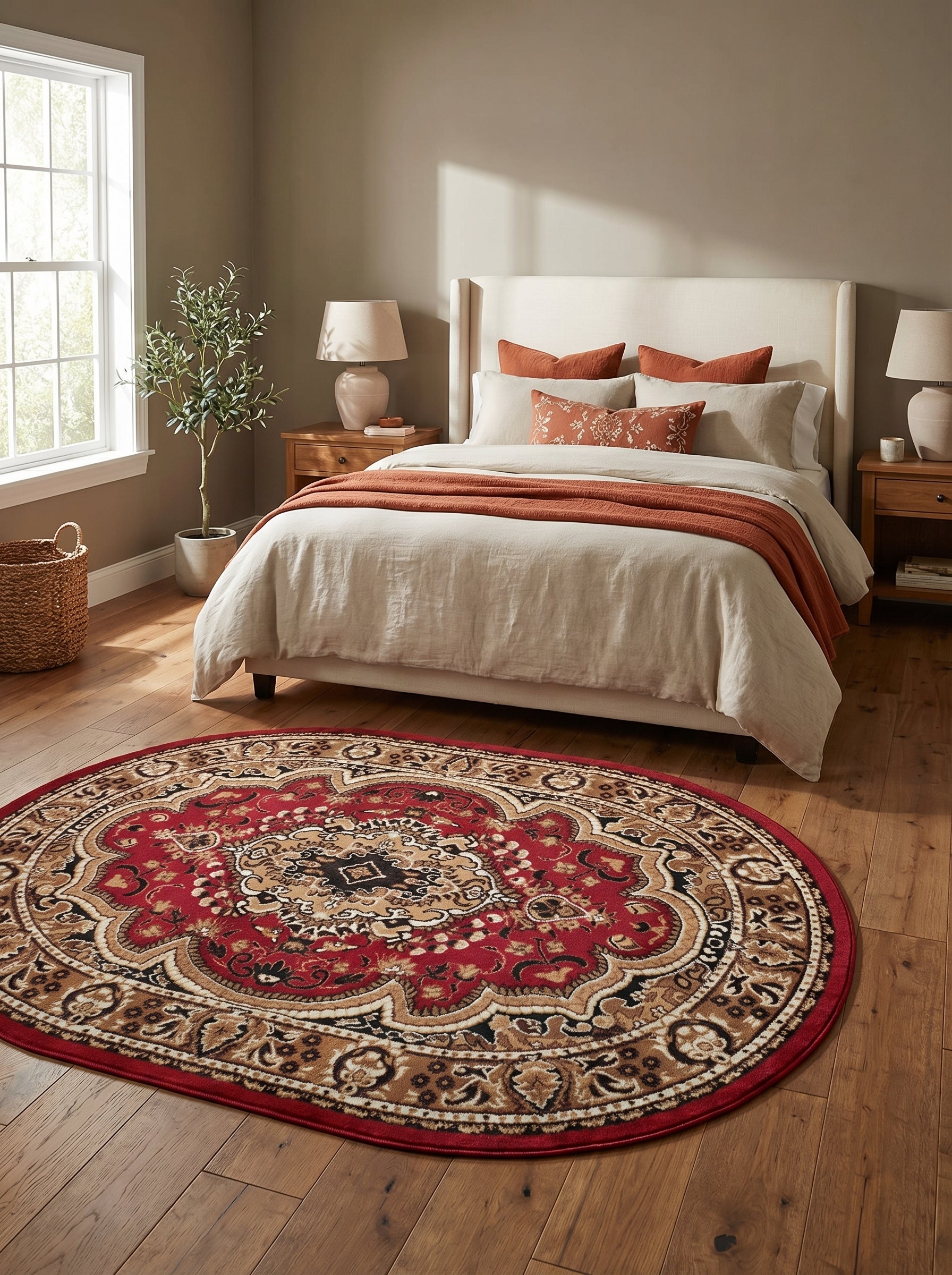 Tapis ovale rouge à motifs médaillon et floraux beiges, noirs et crème, posé sur un parquet dans une chambre