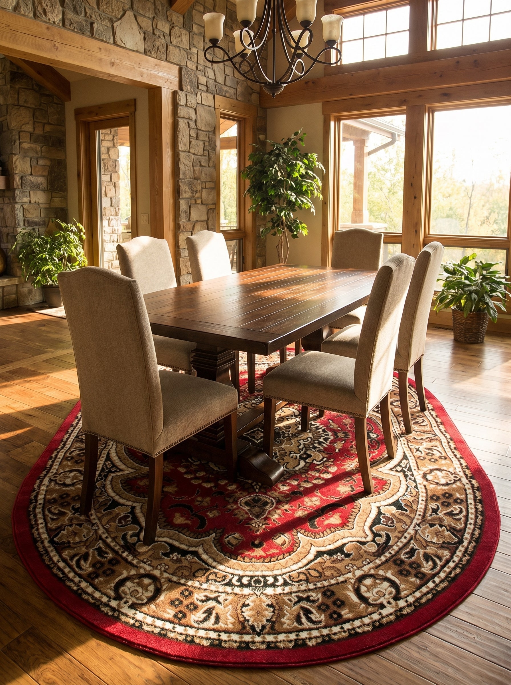 Tapis rond rouge à motifs ornementaux beiges, marrons et noirs, placé sous une table dans une salle à manger
