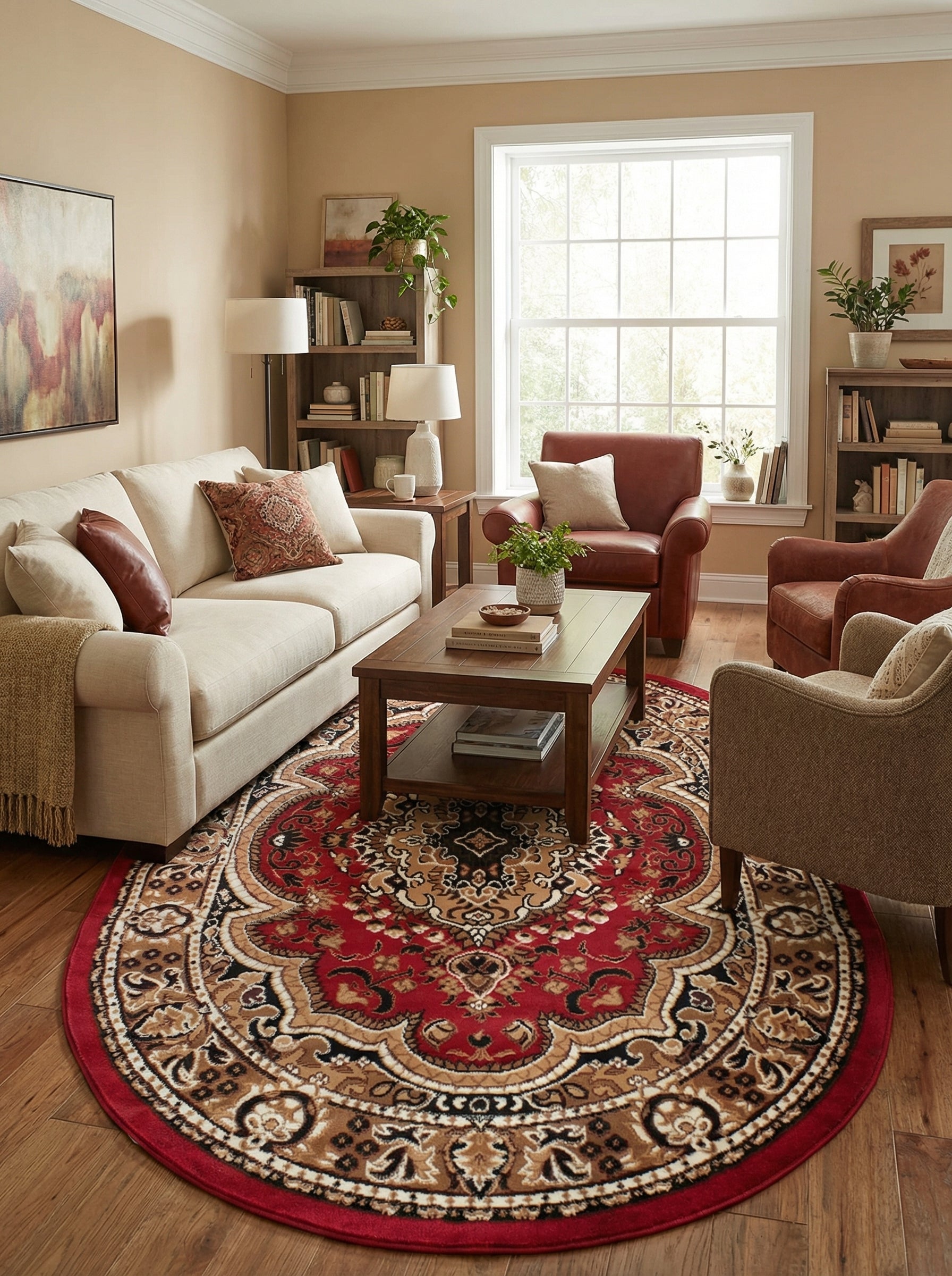 Tapis rond rouge avec des motifs traditionnels complexes en beige, crème et noir sur un sol en bois, au centre d'un salon