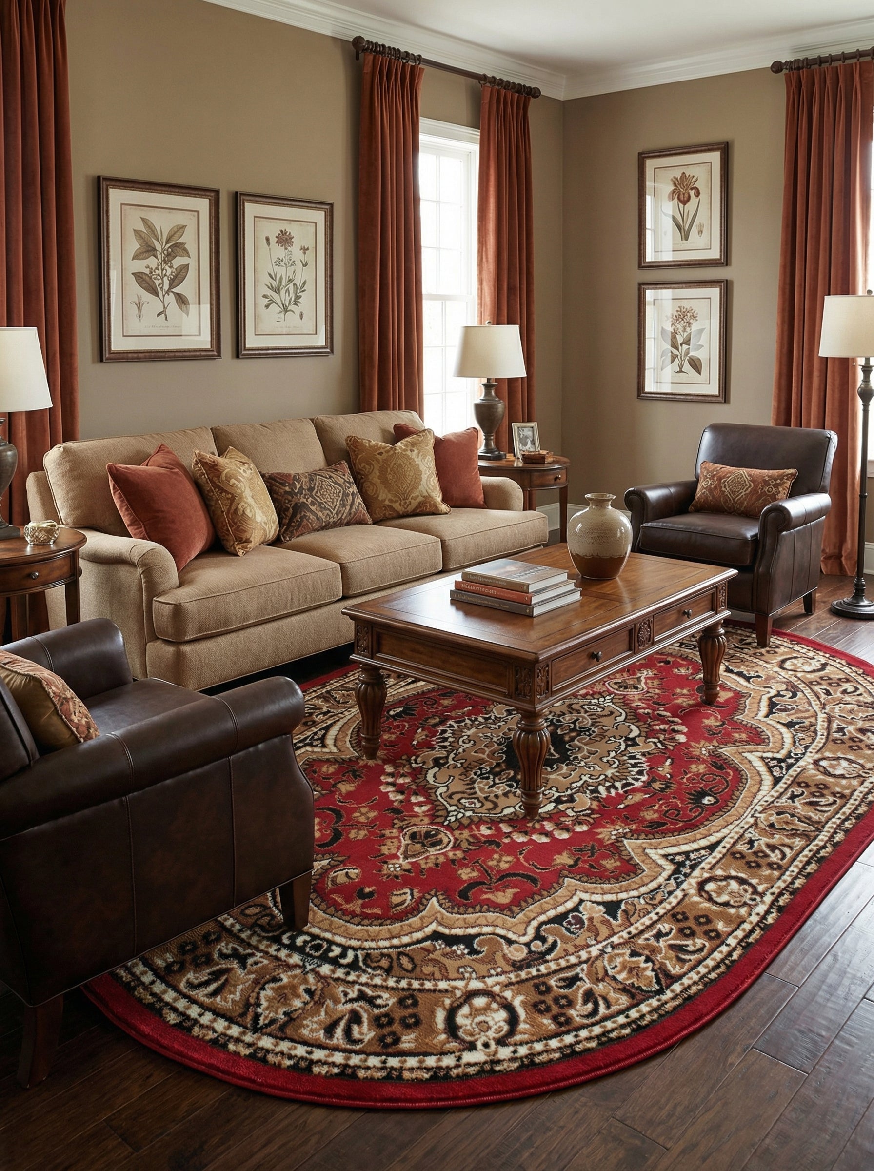 Grand tapis ovale rouge à motifs orientaux beiges et noirs, avec un médaillon central, sur parquet foncé dans un salon