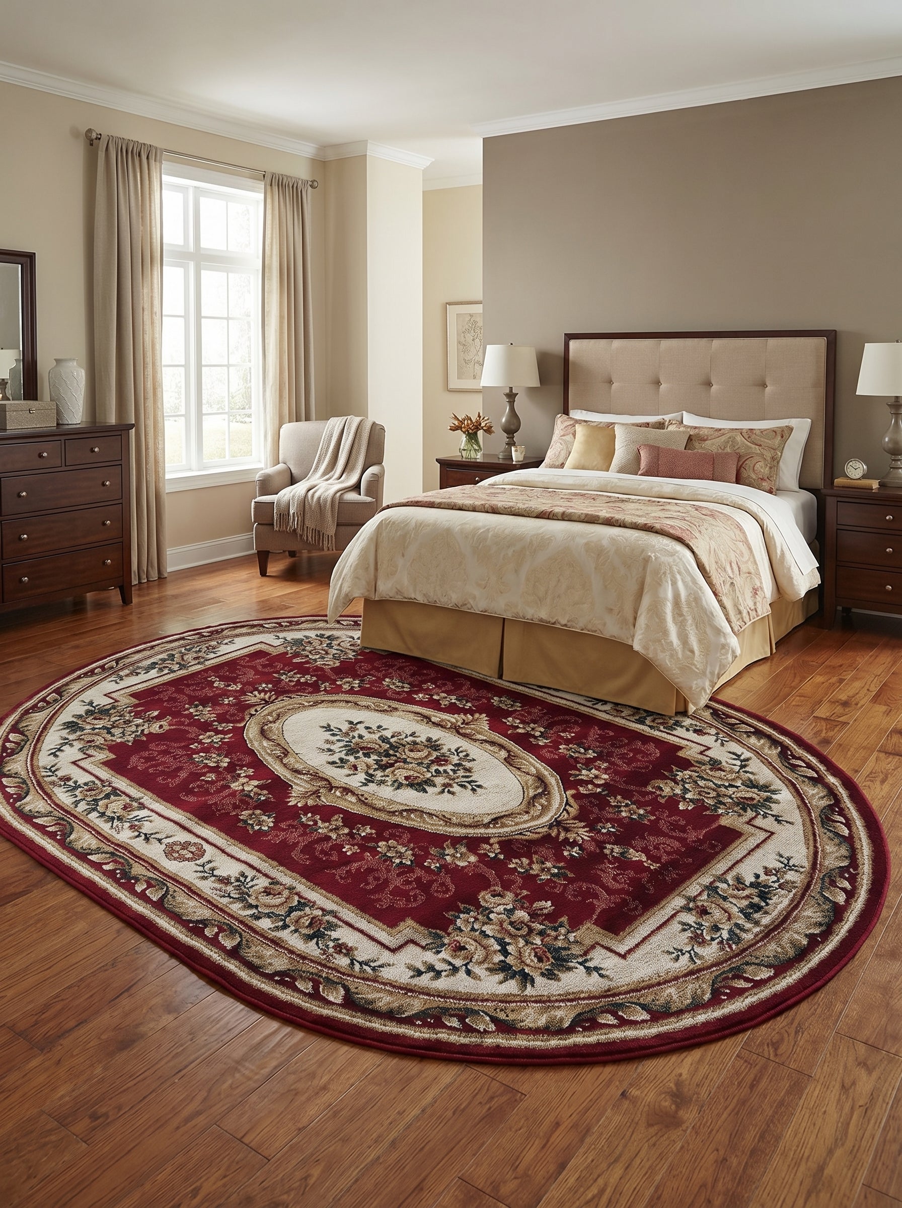 Tapis ovale bordeaux aux riches motifs floraux crème et or, avec un médaillon central fleuri, sur parquet dans une chambre
