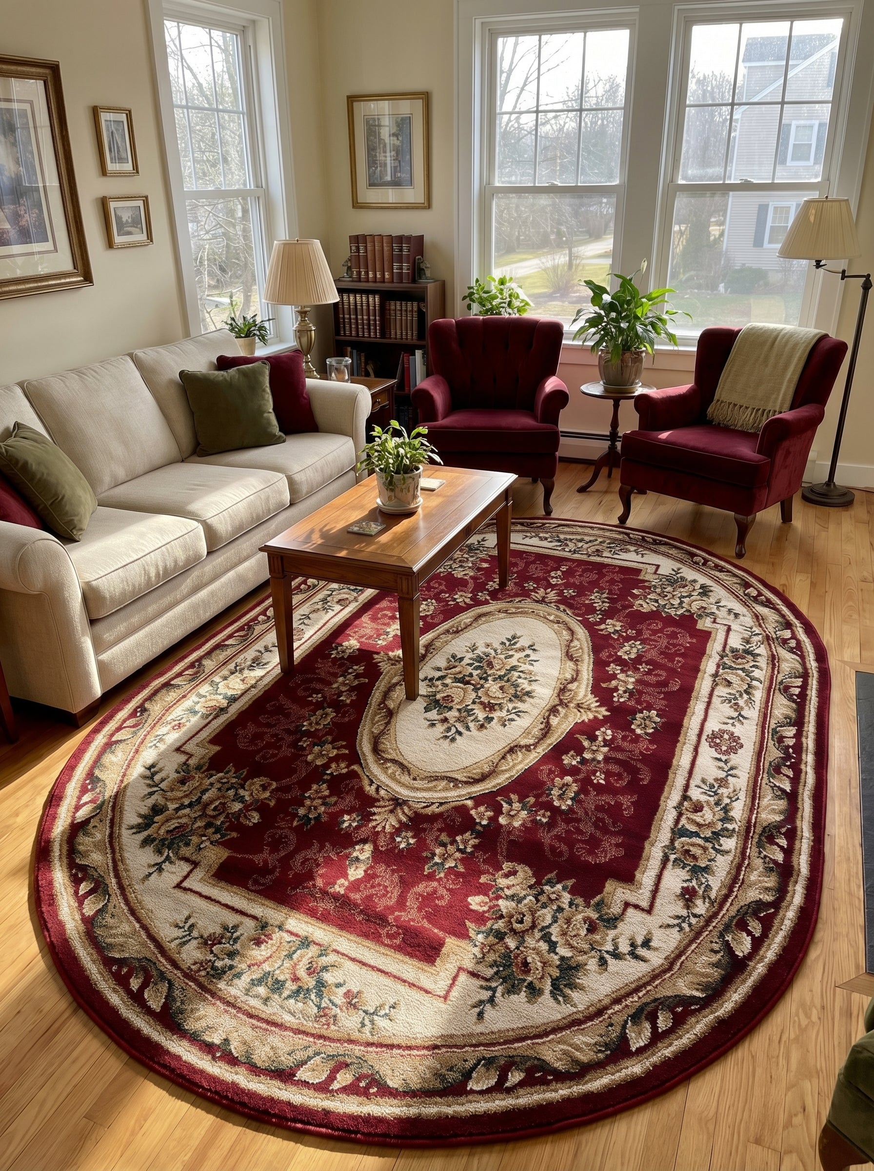 Tapis ovale rouge bordeaux à motifs floraux et ornementaux crème et or, avec un médaillon central fleuri, dans un salon éclairé