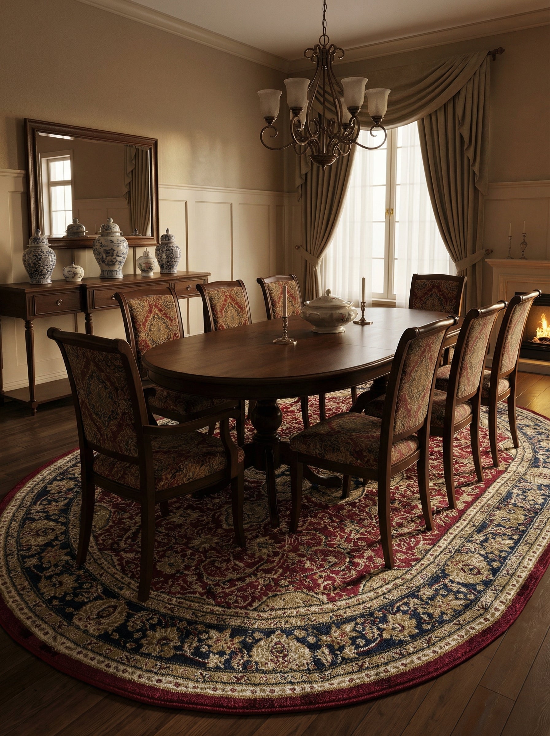 Tapis ovale à motifs floraux et cachemire rouges, bleus marine et beiges dorés, posé dans une salle à manger formelle