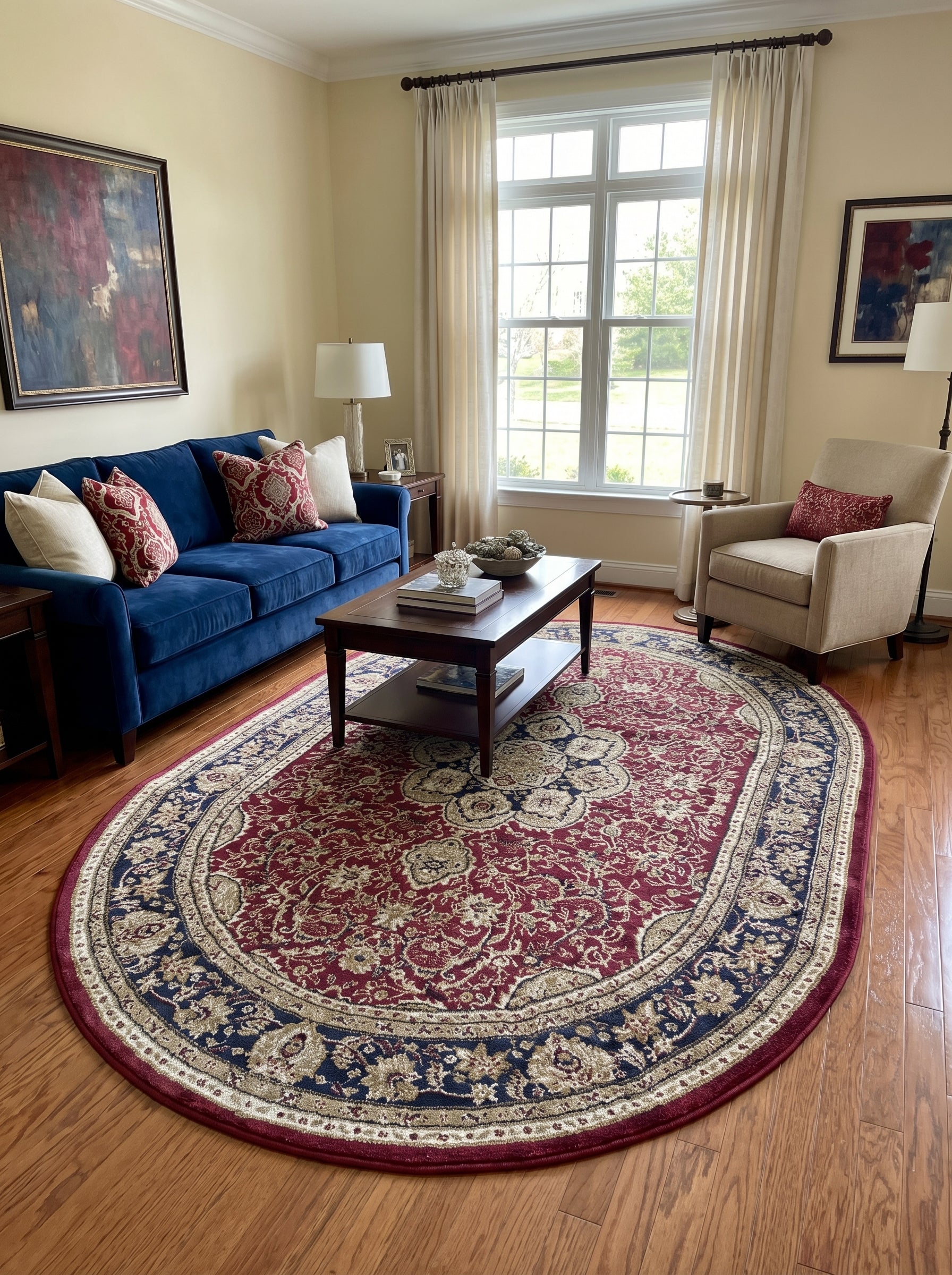 Tapis ovale bordeaux, bleu marine et beige avec des motifs floraux et une bordure riche, décorant un salon