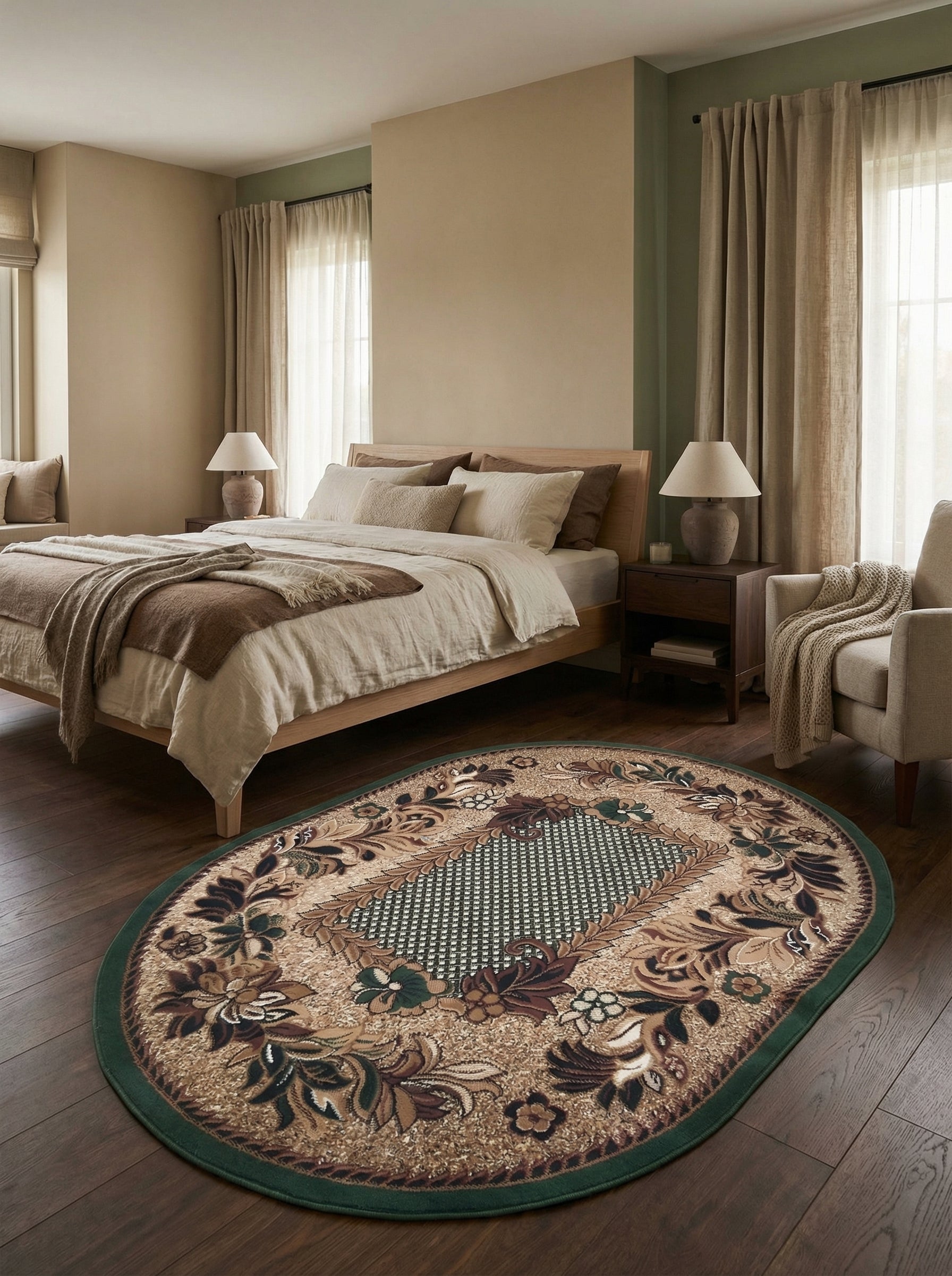 Tapis ovale floral beige, marron et vert foncé avec un motif central géométrique, posé sur un parquet foncé dans une chambre