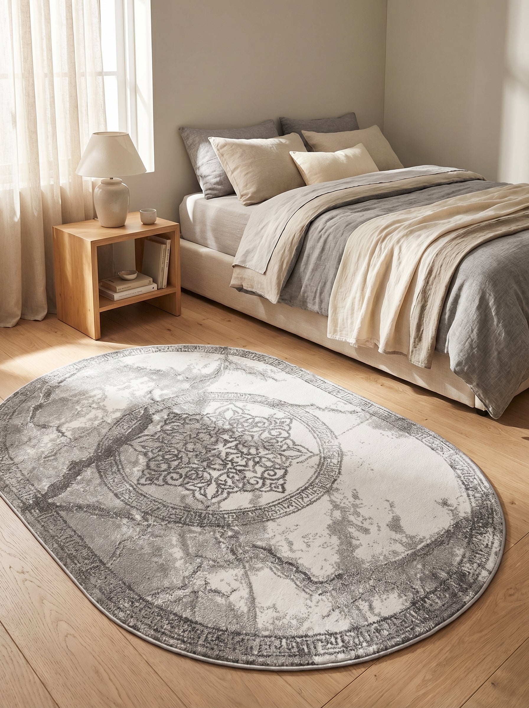 Tapis ovale blanc crème et gris anthracite, avec un motif central ornemental et un effet marbré, dans une chambre
