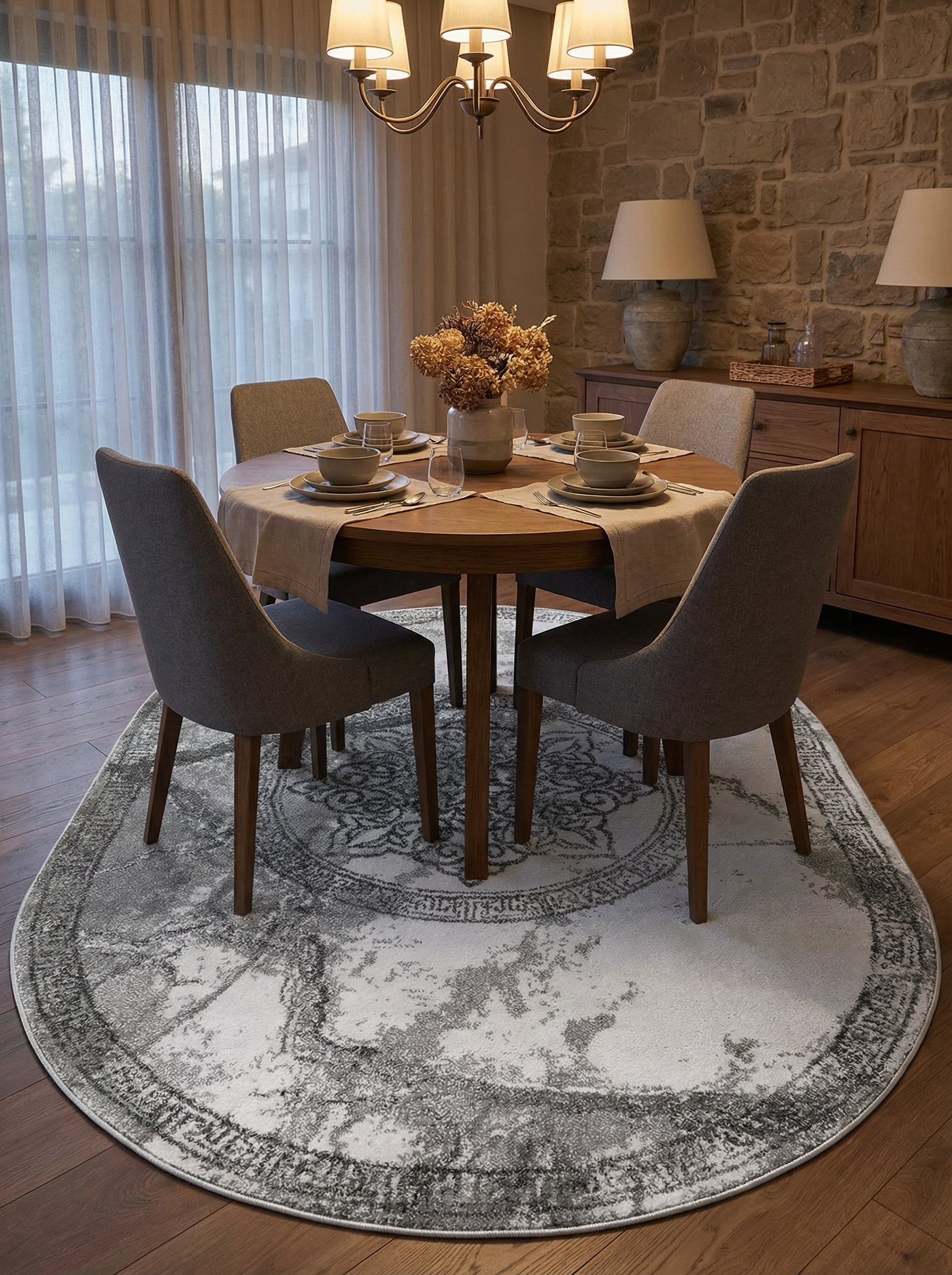 Tapis ovale blanc et gris foncé à motifs ornementaux centraux et bordure patinée, sous une table de salle à manger