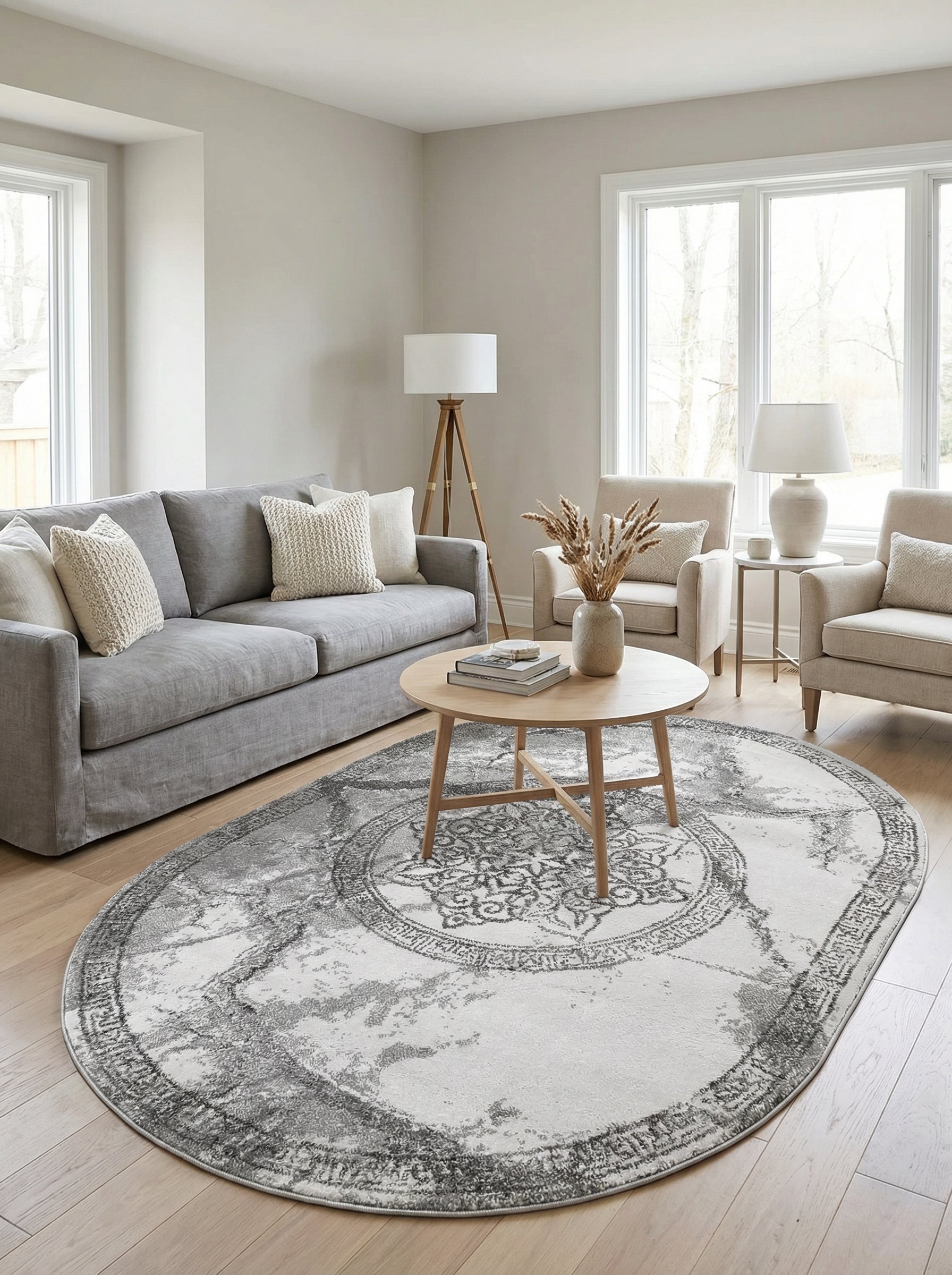 Tapis ovale à poils courts gris délavé et anthracite, avec un médaillon central et une bordure à motifs dans un salon clair