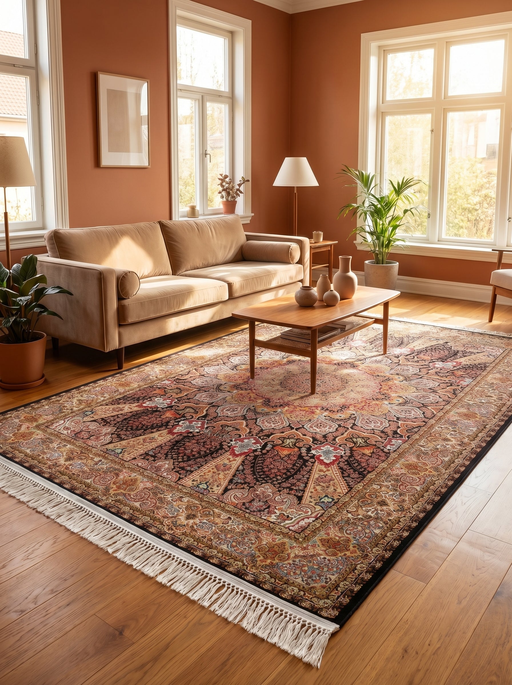 Tapis rectangulaire tissé aux motifs floraux et arabesques orientales en noir, rouge brique, or et beige, avec franges, dans un salon