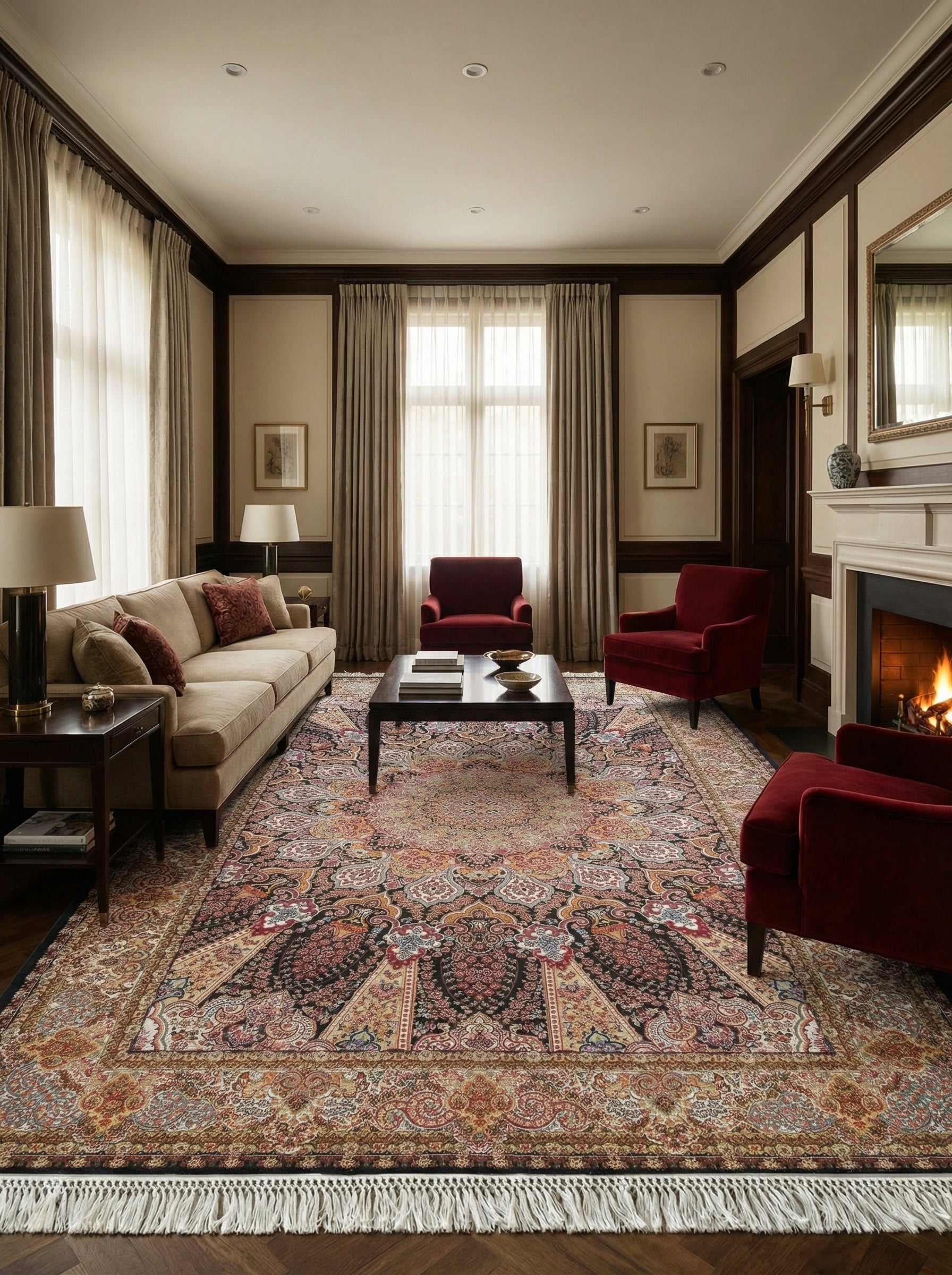 Grand tapis rectangulaire richement décoré de motifs orientaux rouge, or, noir et crème, avec franges, dans un salon