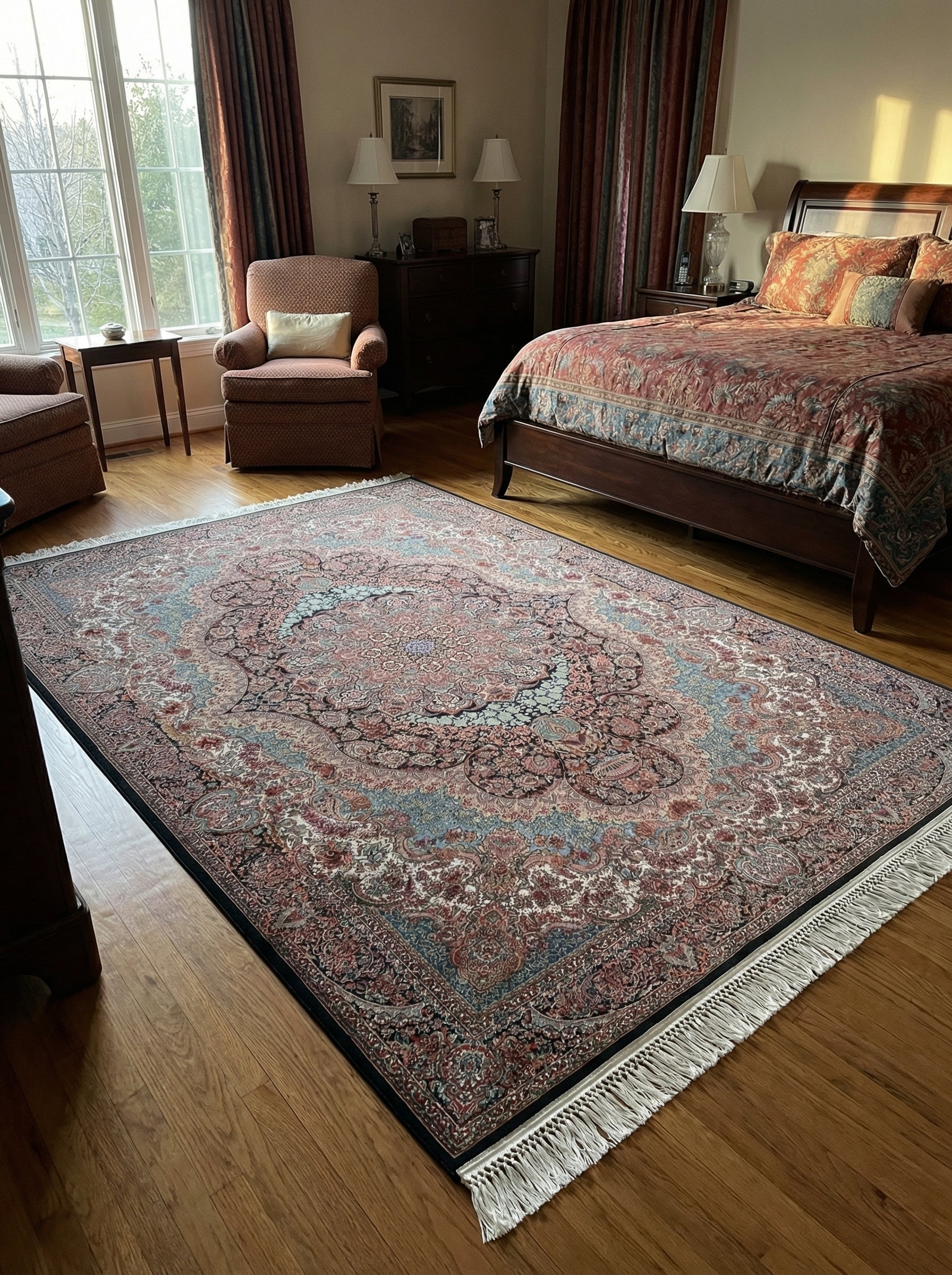 Tapis rectangulaire aux motifs orientaux complexes rouges, bleus et crème avec franges, sur un parquet dans une chambre décorée