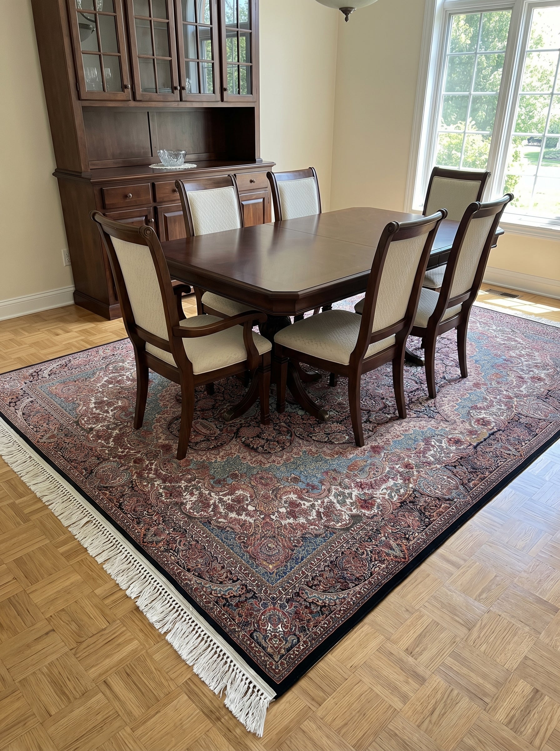 Tapis rectangulaire aux motifs orientaux rouges, bleus et noirs avec franges, sous une table de salle à manger en bois