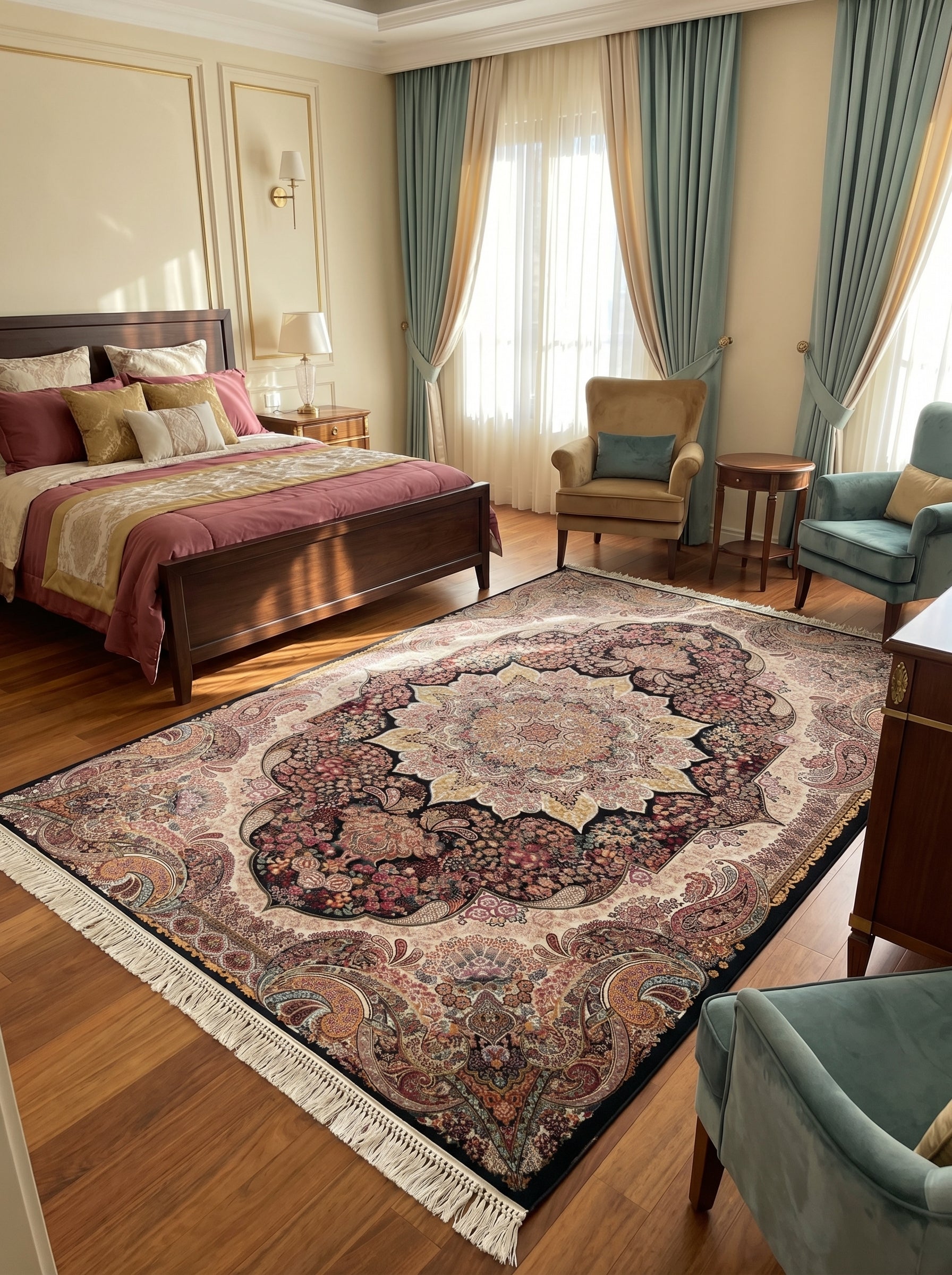Tapis rectangulaire à motifs floraux et cachemire, couleurs crème, noir, rouge, or et rose, à franges claires, dans une chambre