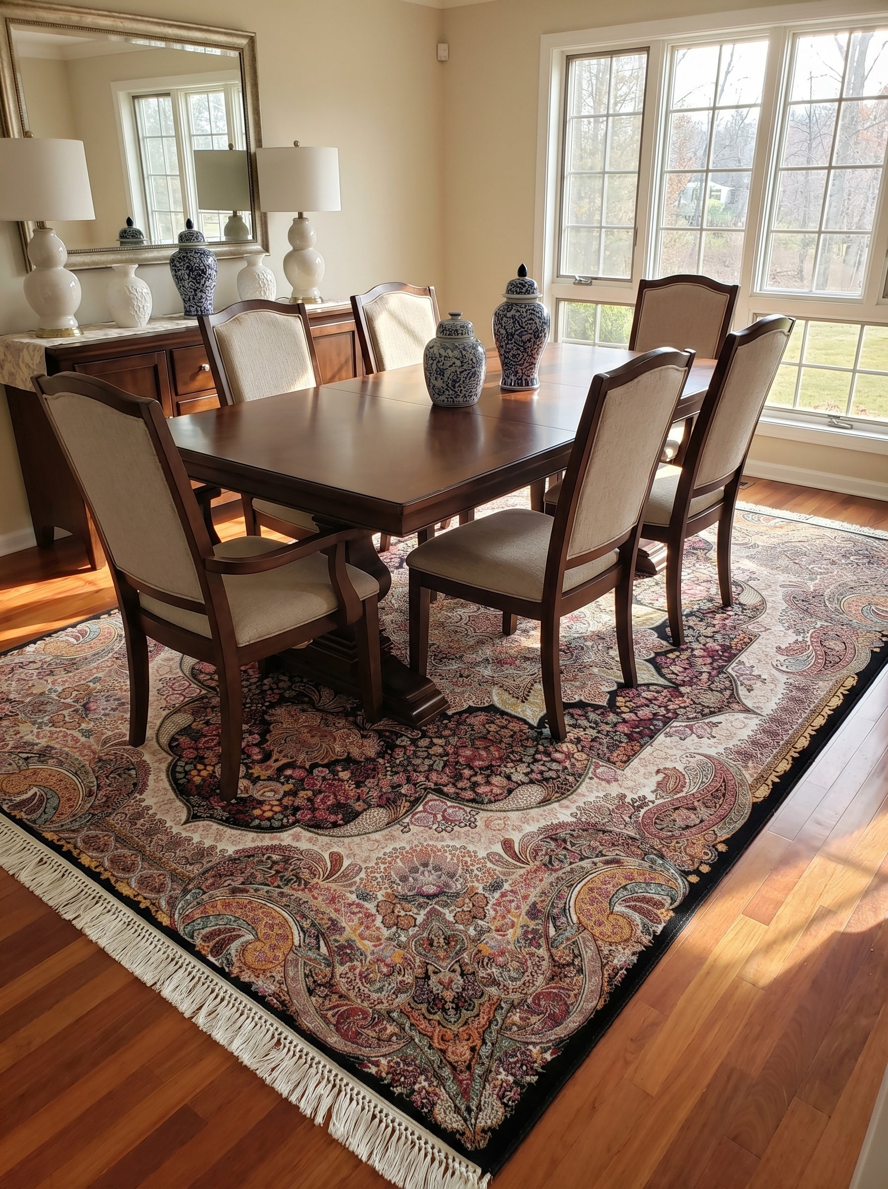 Grand tapis rectangulaire aux riches motifs cachemire et floraux multicolores sur fond clair et sombre, avec franges, dans une salle à manger élégante