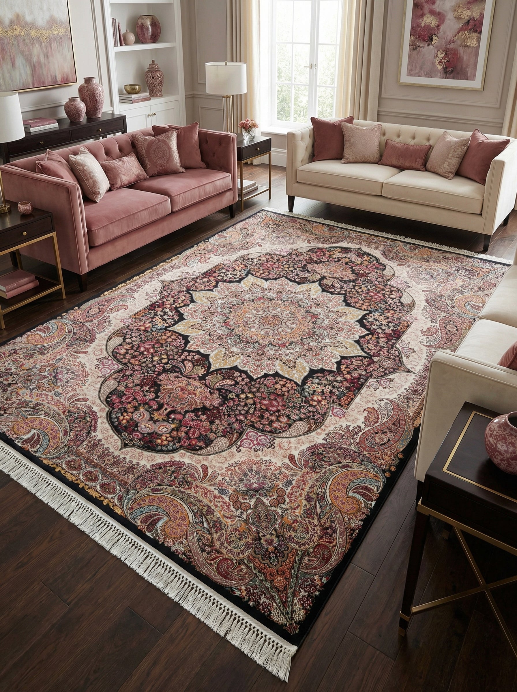Tapis rectangulaire aux motifs floraux complexes et médaillon central richement colorés en noir, crème, rose, or et rouge, avec franges, dans un salon