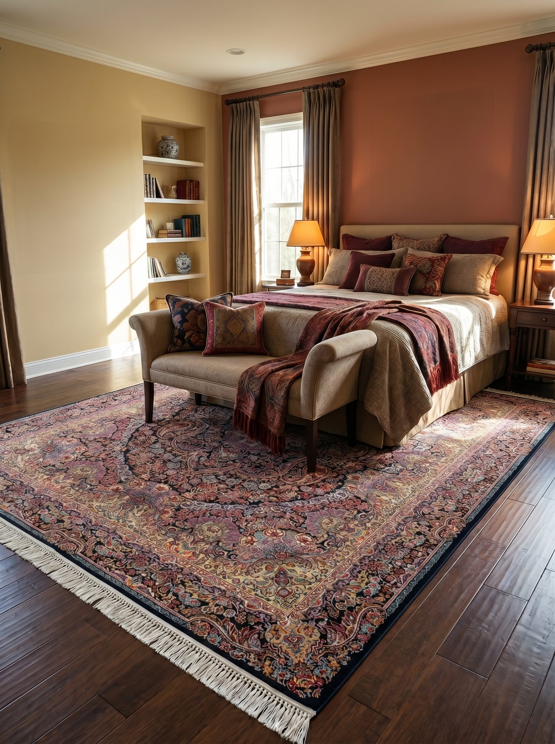 Tapis rectangulaire aux riches motifs floraux et paisley rouges, or et pourpres sur fond noir, à franges, dans une chambre