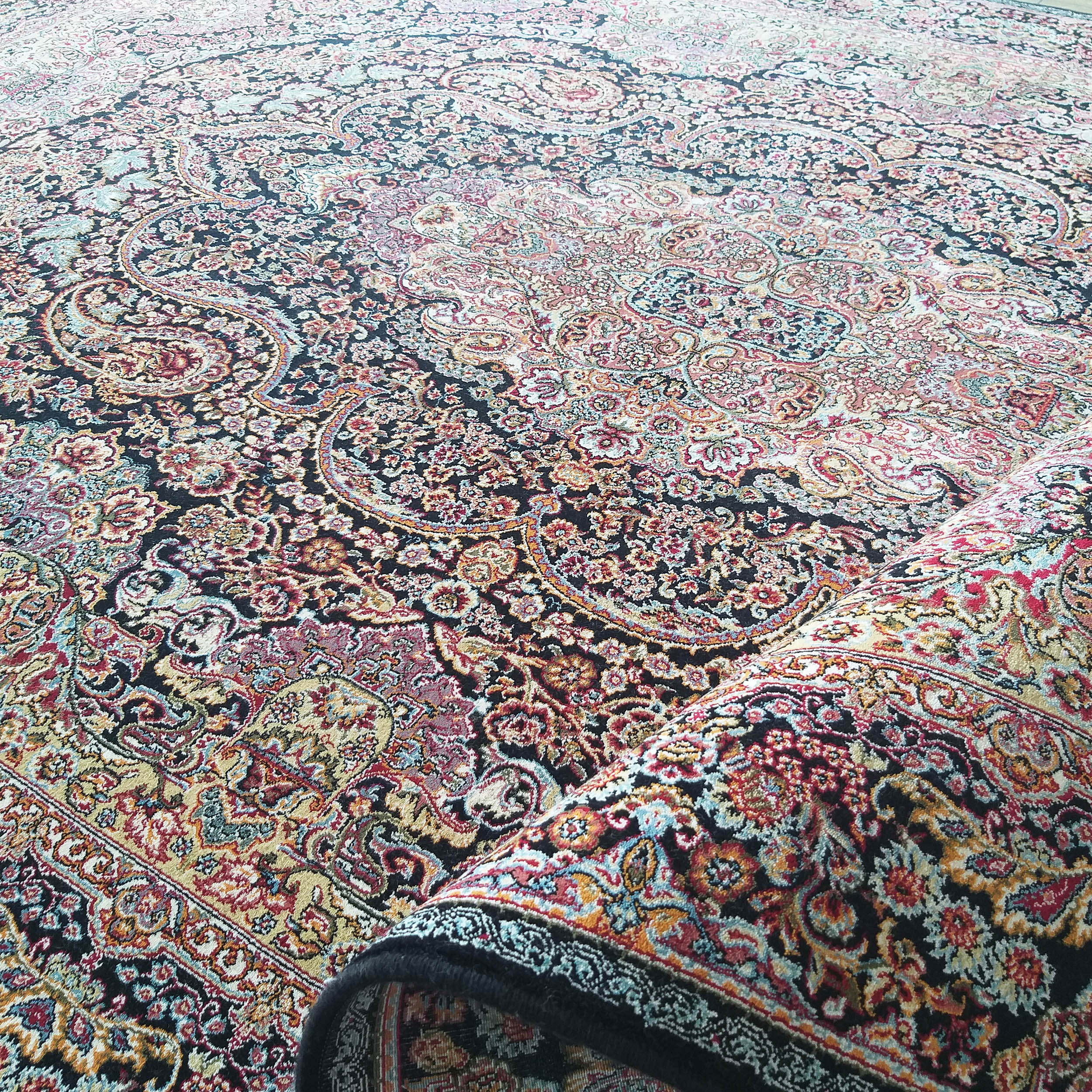 Tapis à motifs floraux et cachemire riches et détaillés, dominé par le noir, rouge, or, bleu et crème, partiellement enroulé