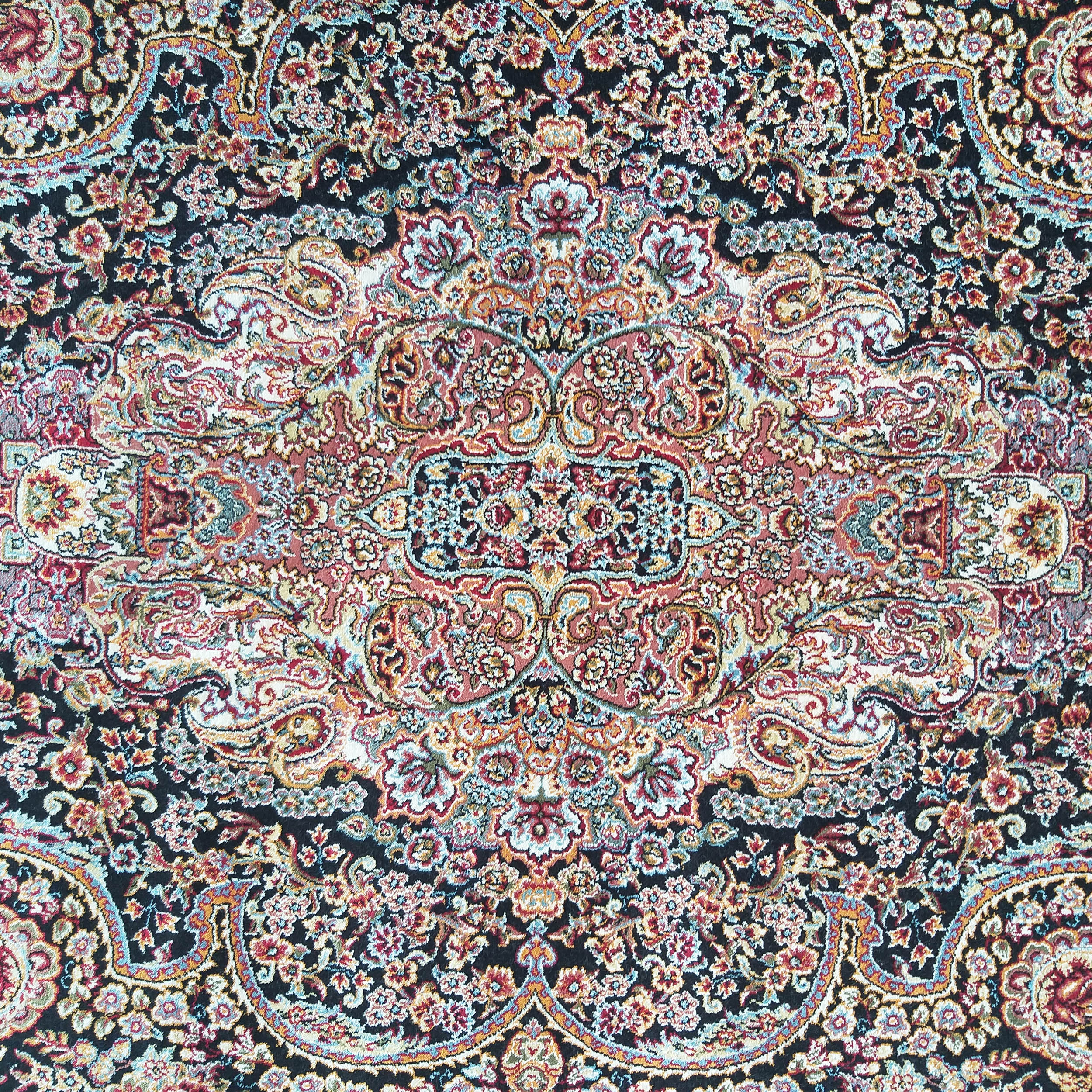 Tapis aux motifs floraux et cachemire complexes sur fond noir, avec des touches de rouge, bleu, or et blanc